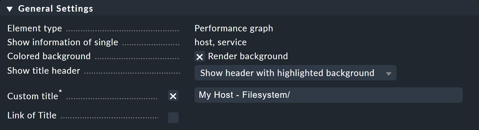 General settings of the 'Performance graph' dashlet.