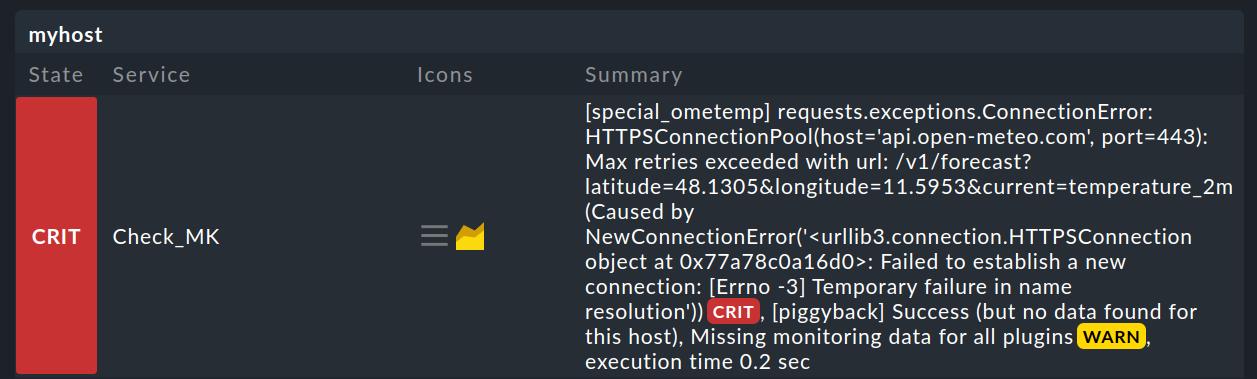 Error message from the Check_MK service related to its special agent.