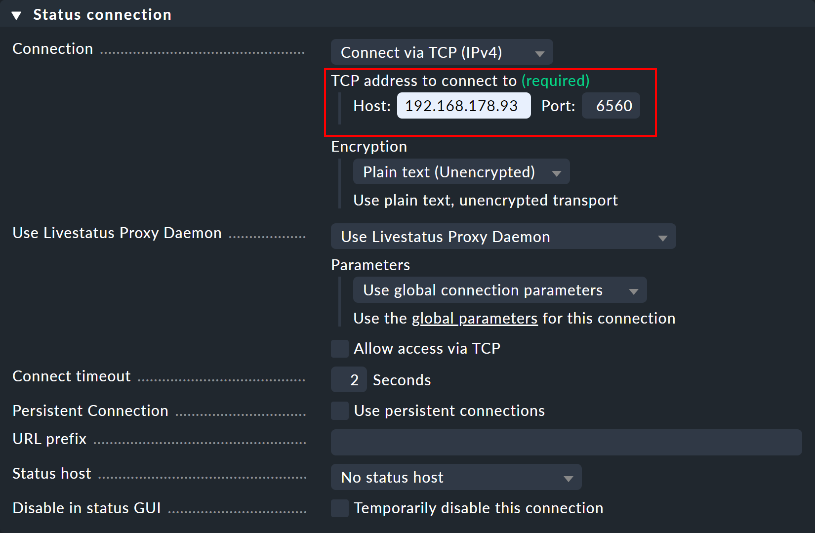 Connection settings with a central site and free port for Livestatus.