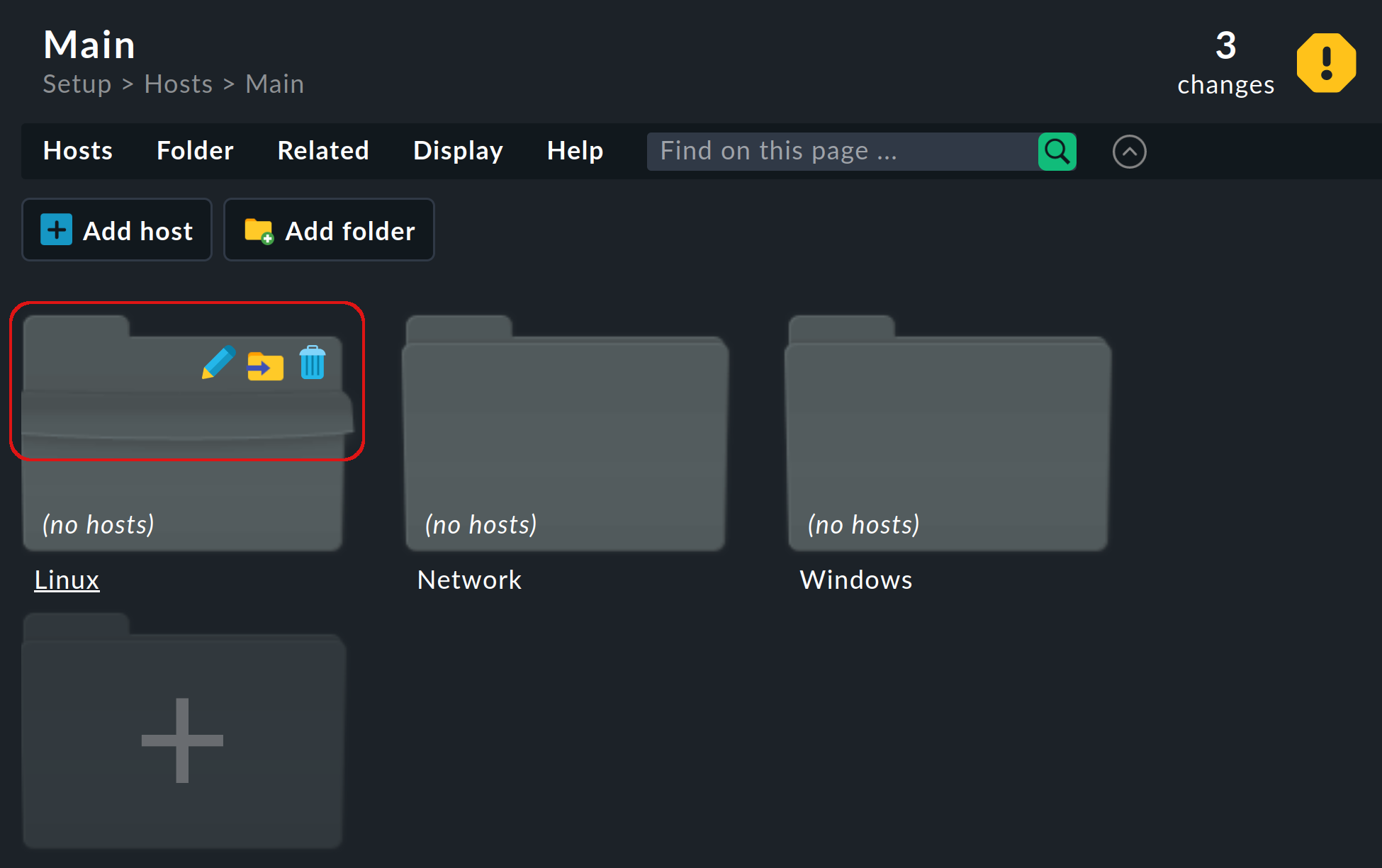 View of 'Main' with three folders, one of them expanded with icons for folder actions.