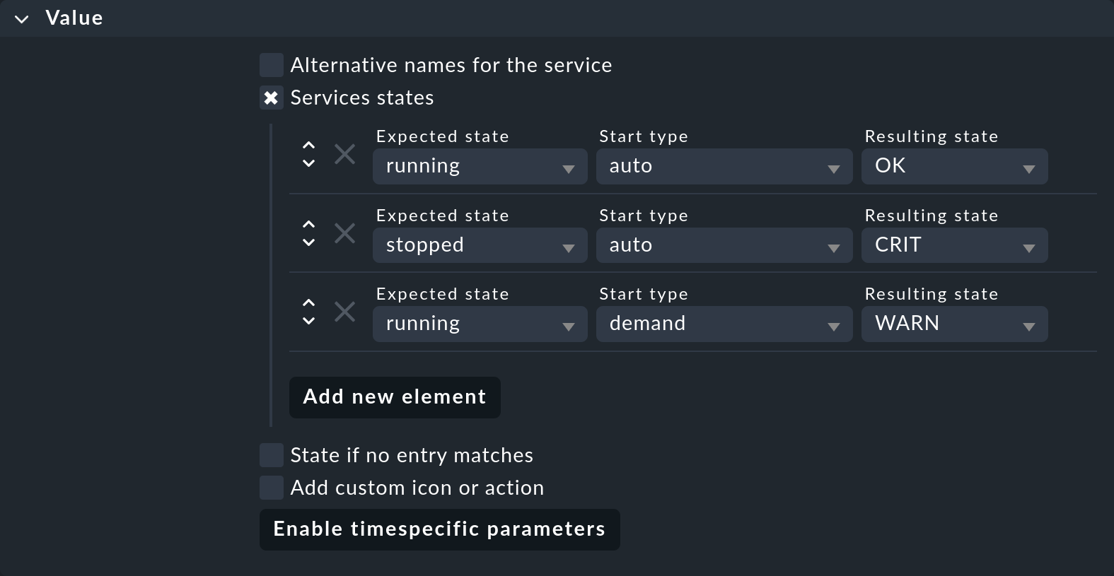 Dialog for defining the Windows server services to be monitored depending on their status.