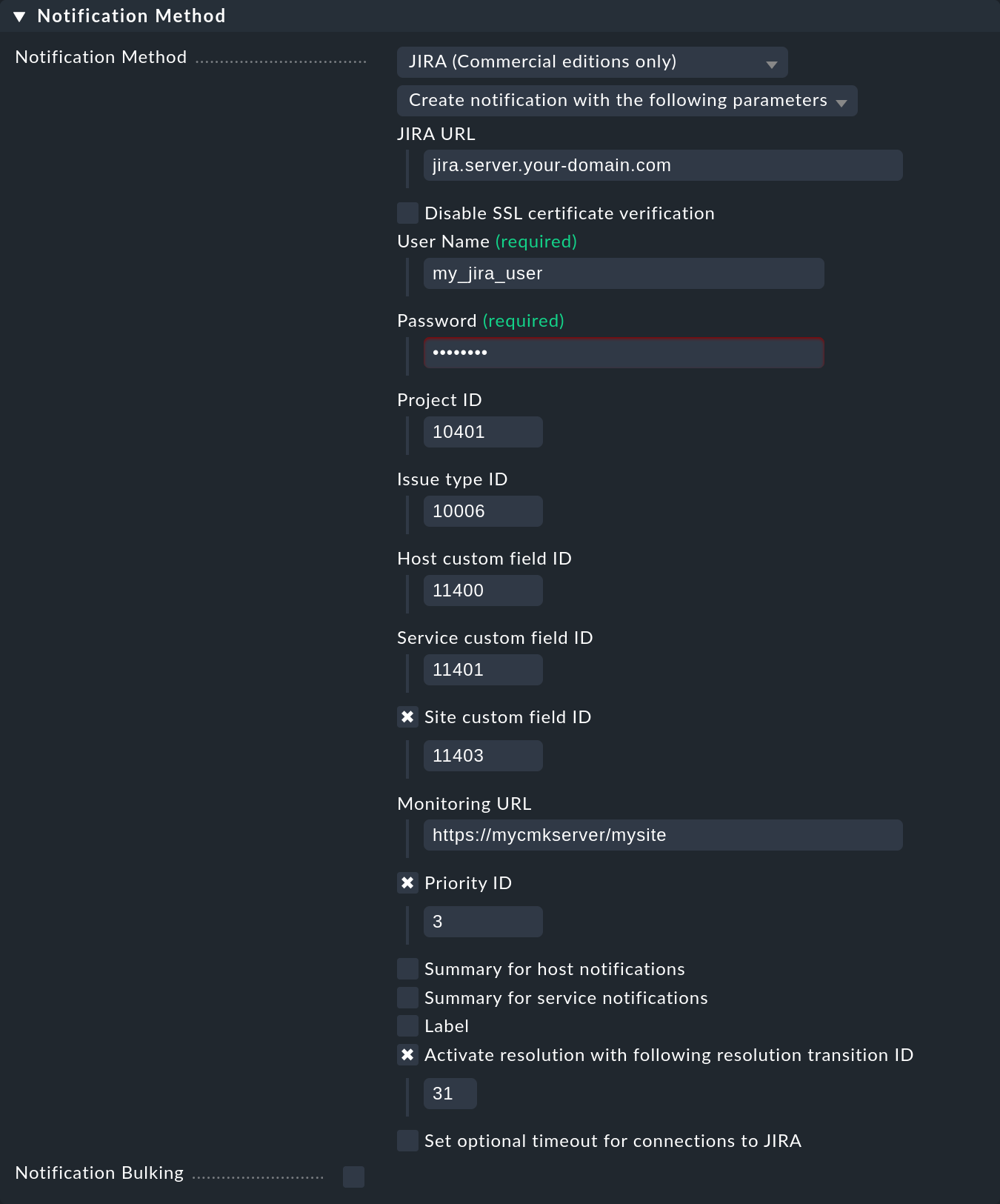 The notification method settings for Jira.