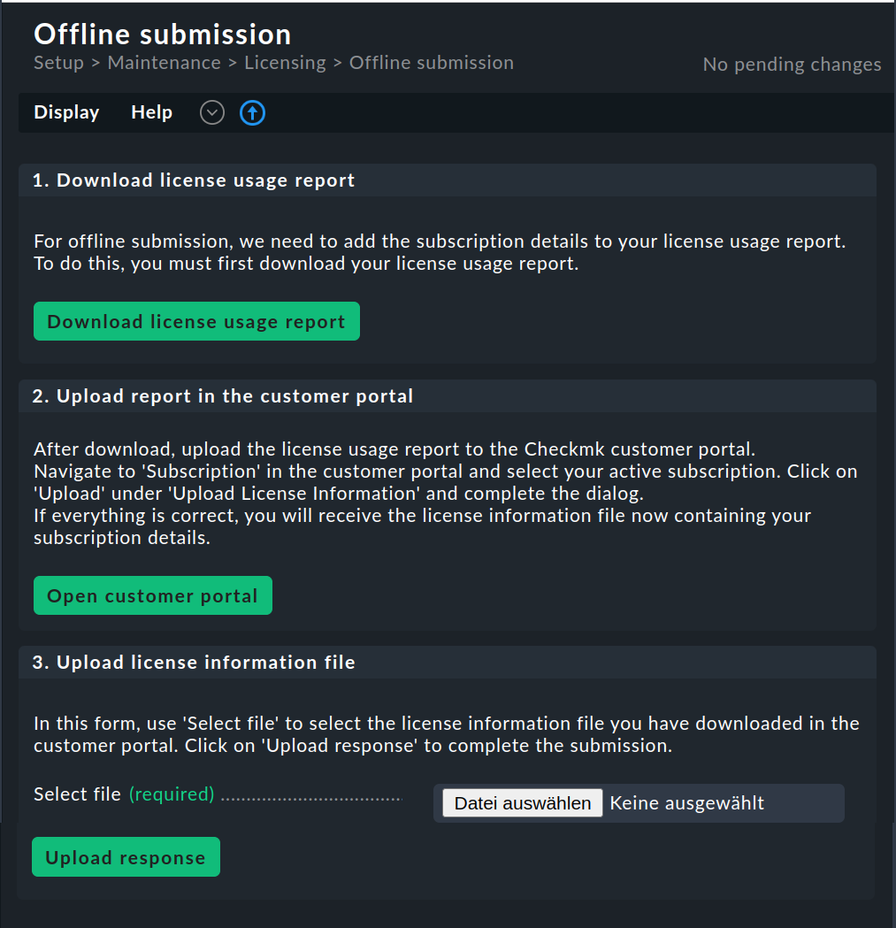 Page for offline submission of license information in Checkmk Enterprise.