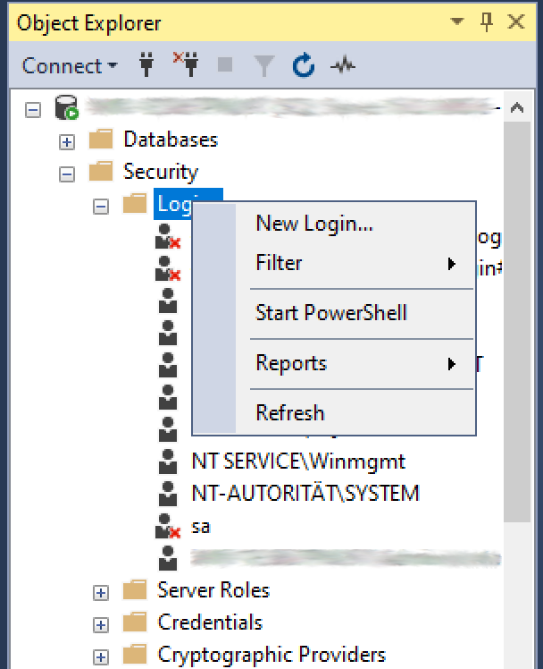 Selecting the 'New Login...' option in MSSQL.