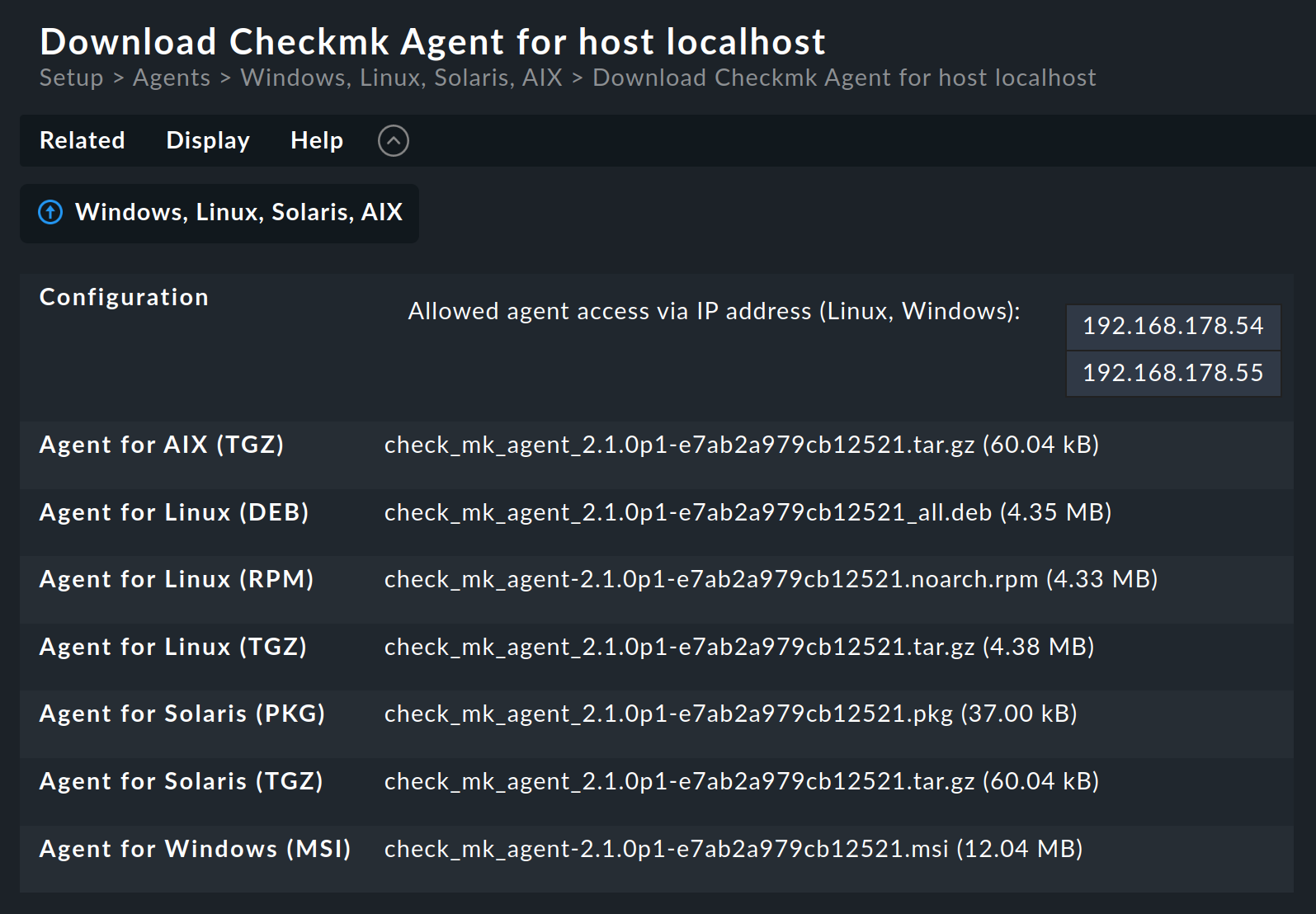 List of agents for a host to download.