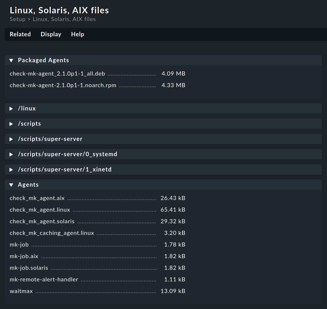 List of Linux agents for download in Checkmk Raw.