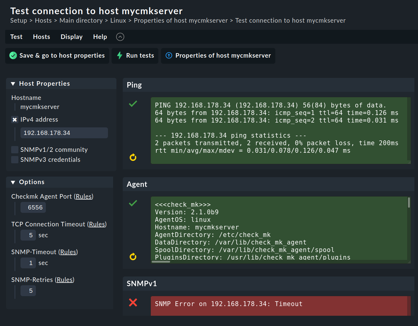 Result of the connection test to a host.