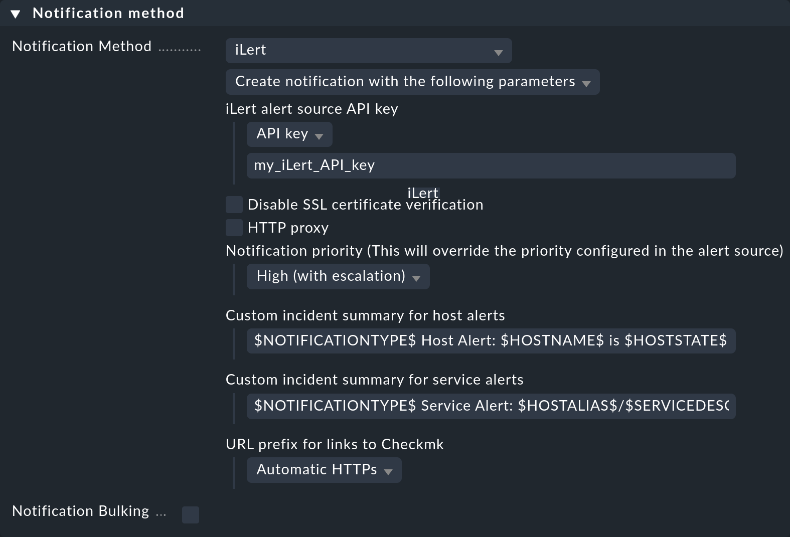 The settings for the notification method for ilert.