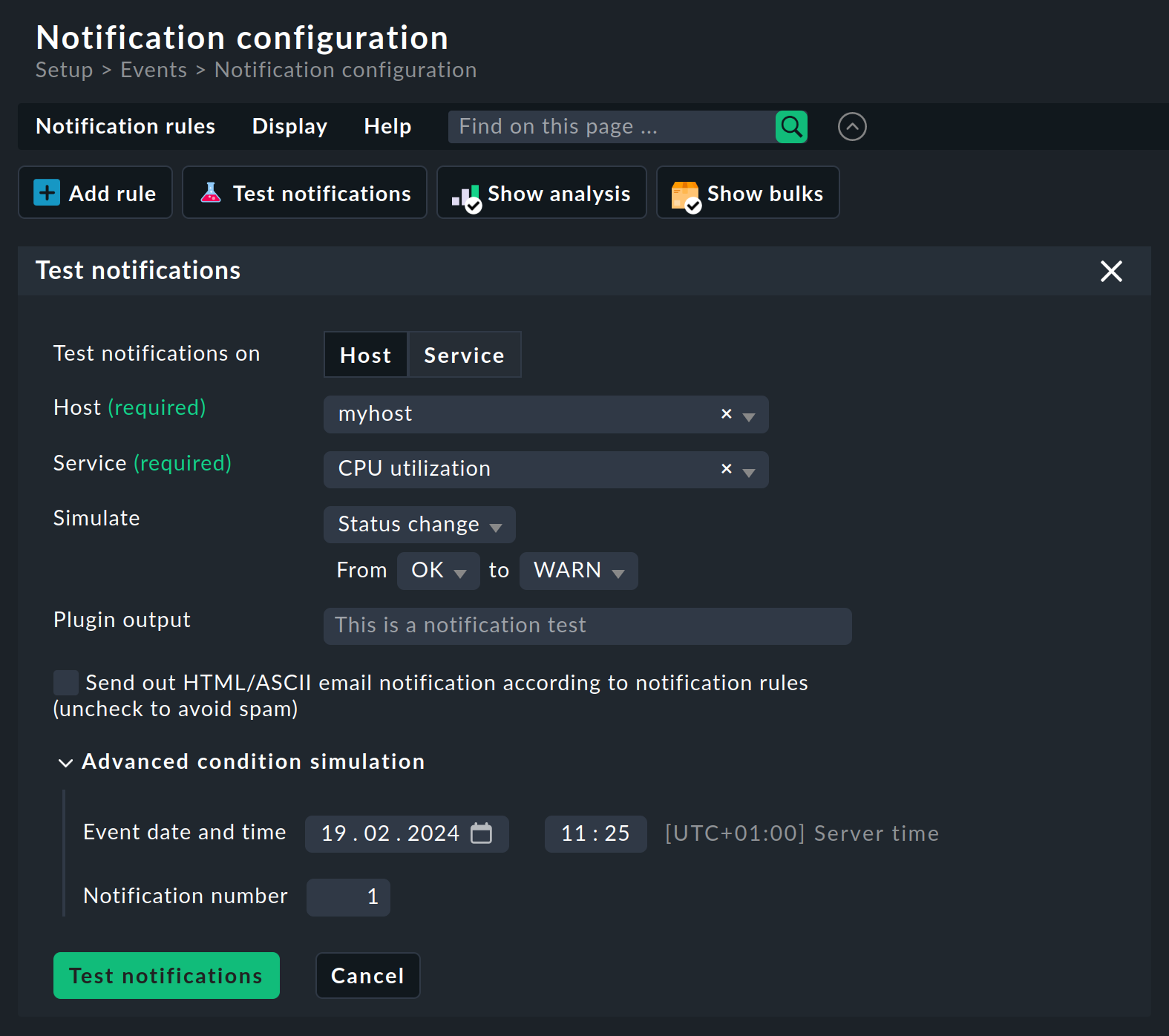 Dialog for defining the properties of the simulated notification.