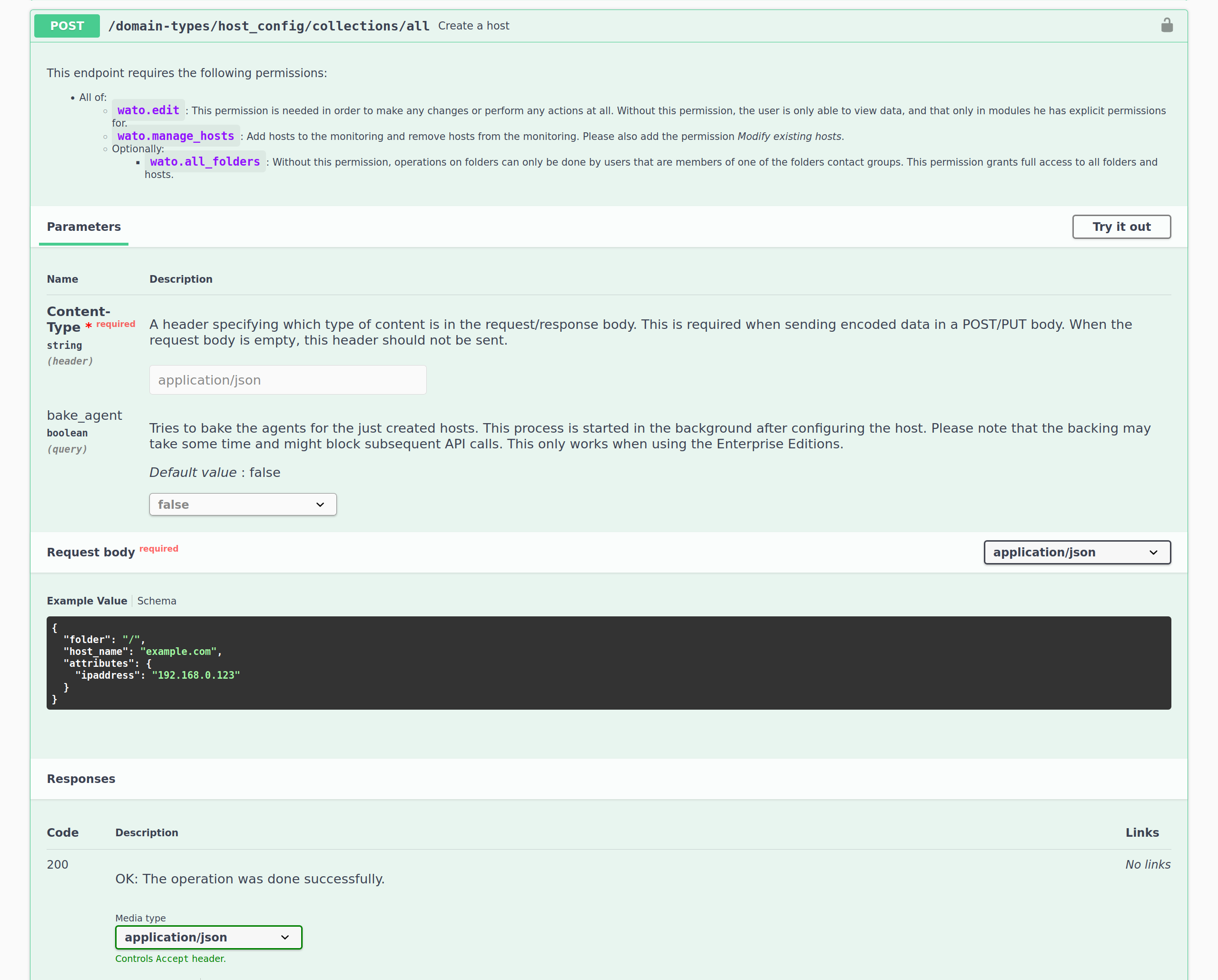REST API GUI with example for creating a host.