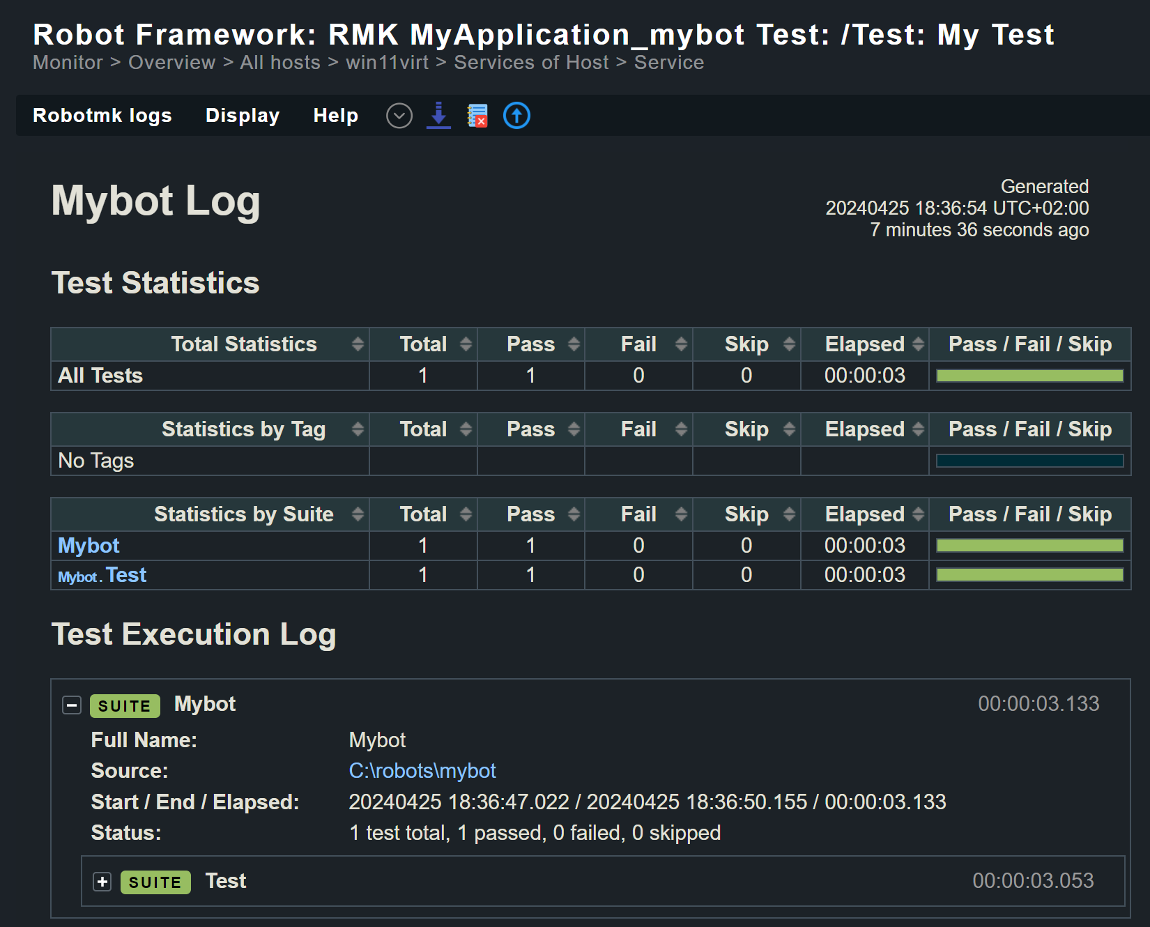 Robot Framework report for 'Mybot' test suite.