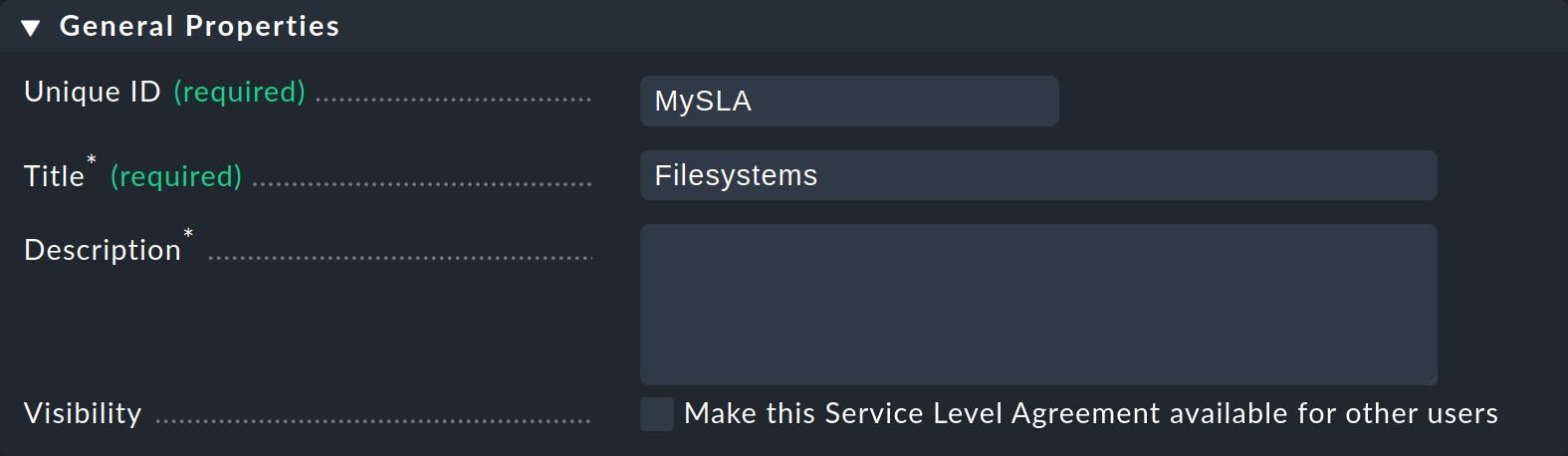 Dialog for defining the general properties of an SLA.
