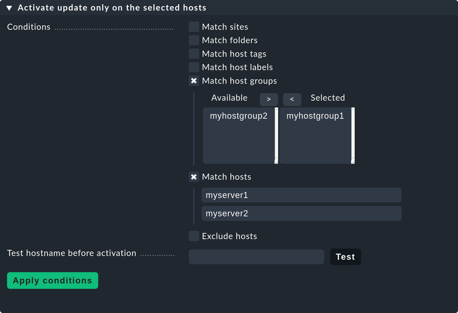 Options when updating agents to activate on specific hosts.