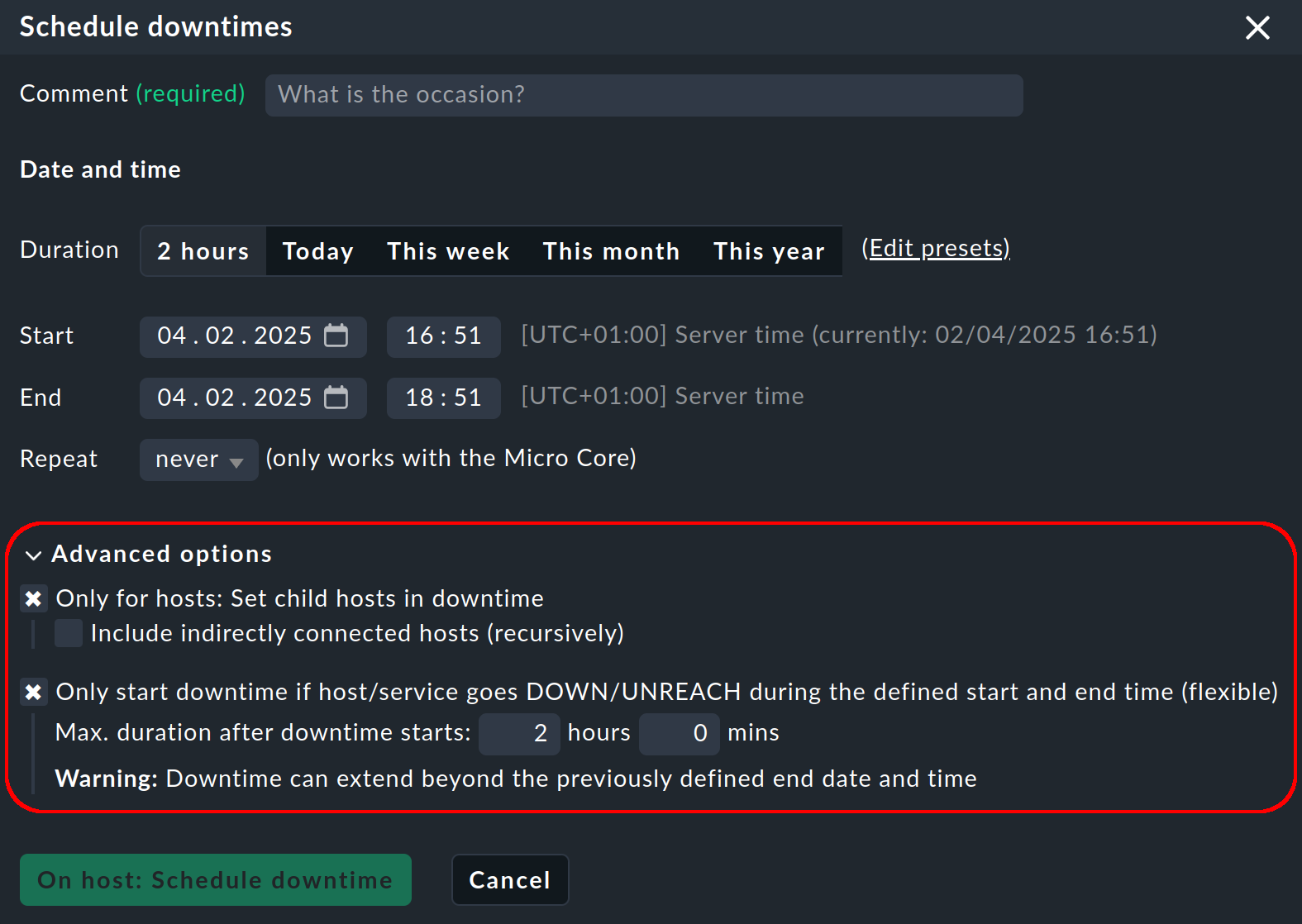 The advanced options for scheduled downtimes.