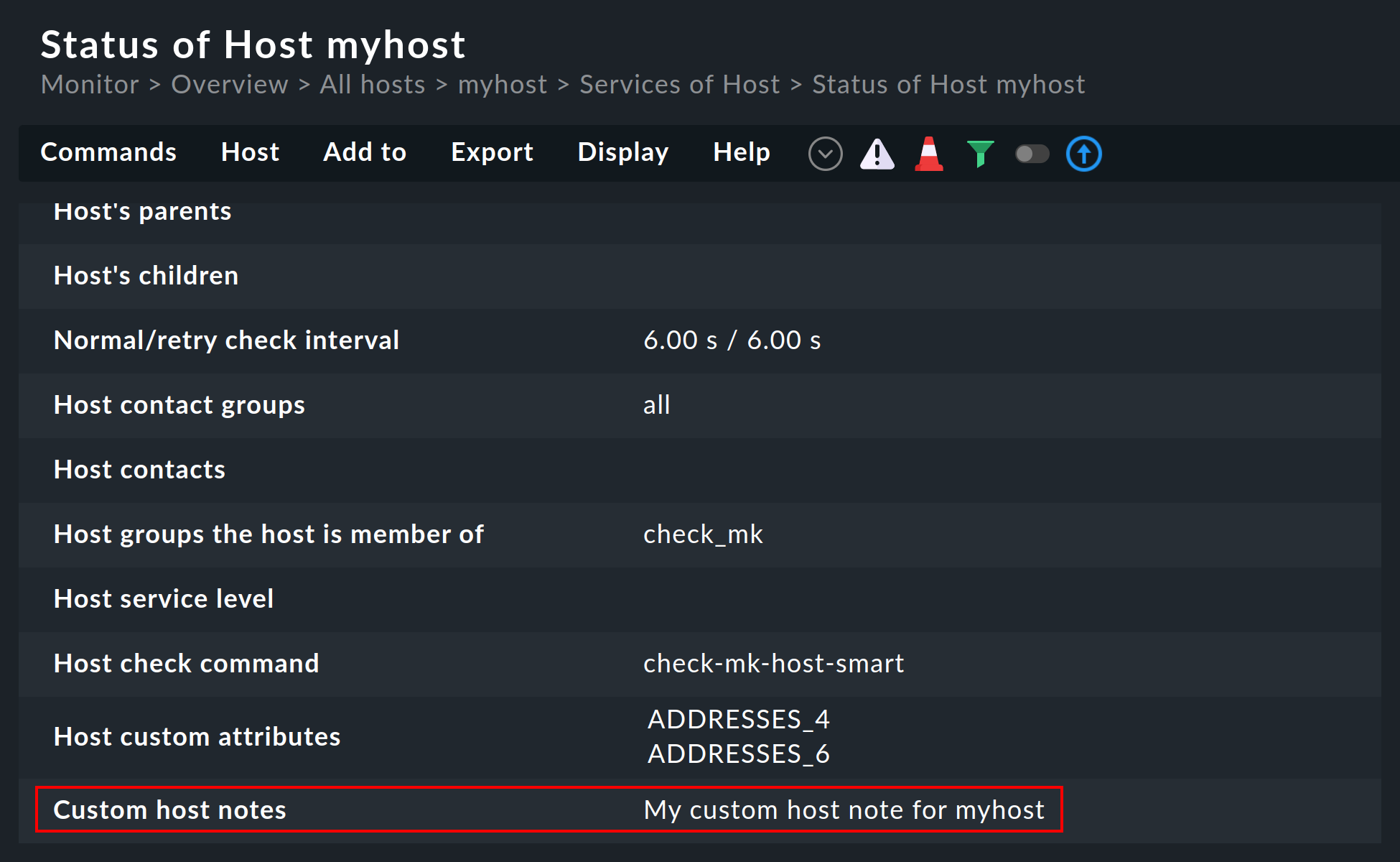 A note in the 'Status of Host' view.