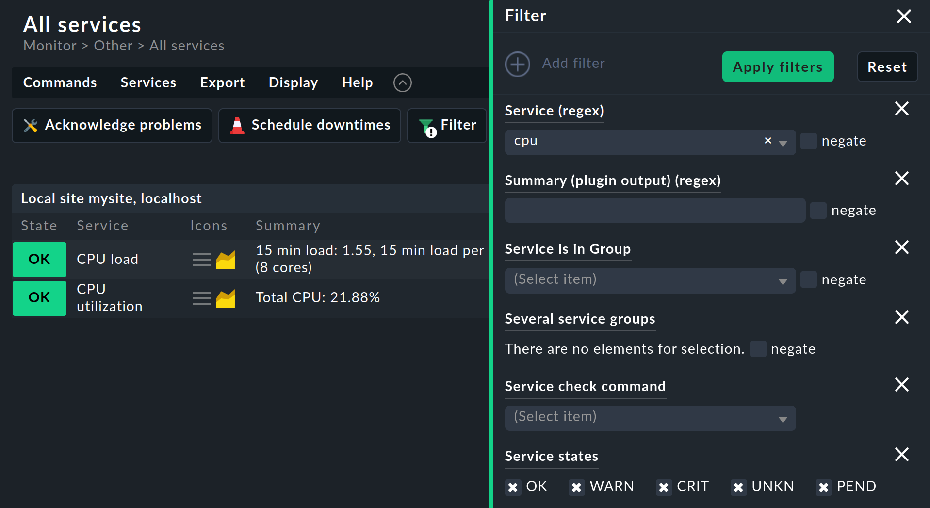 View with open filter bar.