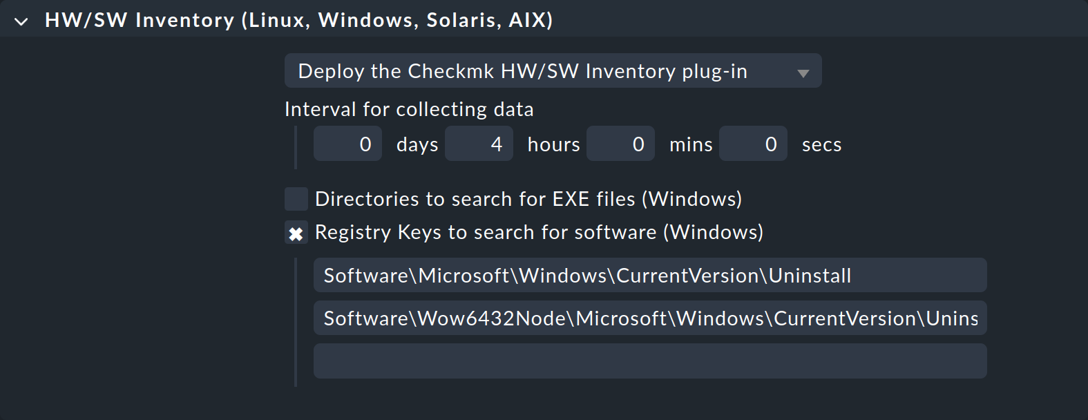 Form with options for the inventory agent plug-in.