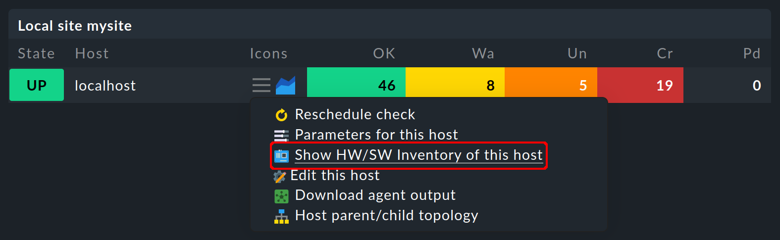 Context menu for viewing the inventory of a host.