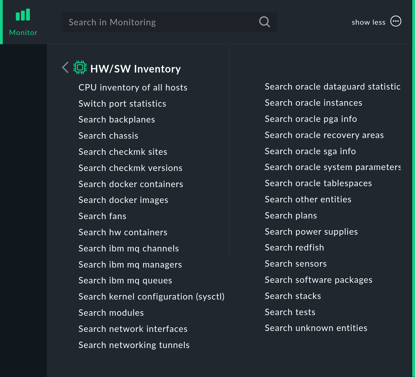 All HW/SW inventory entries in the Monitor menu.