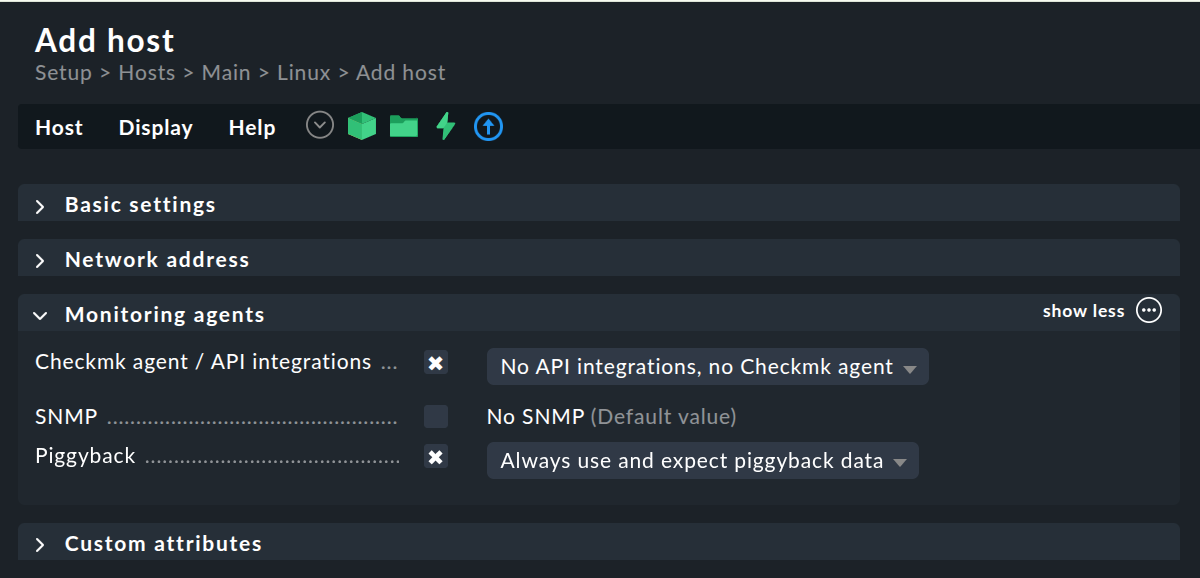 “The ‘Monitoring agents’ settings for the hosts.”