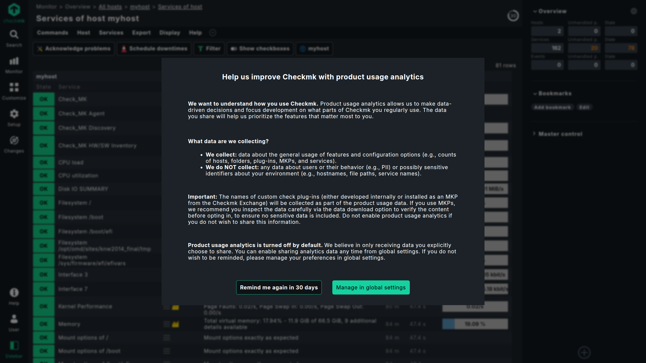 The pop-up for analyzing product usage data appears when logging in after 30 days.