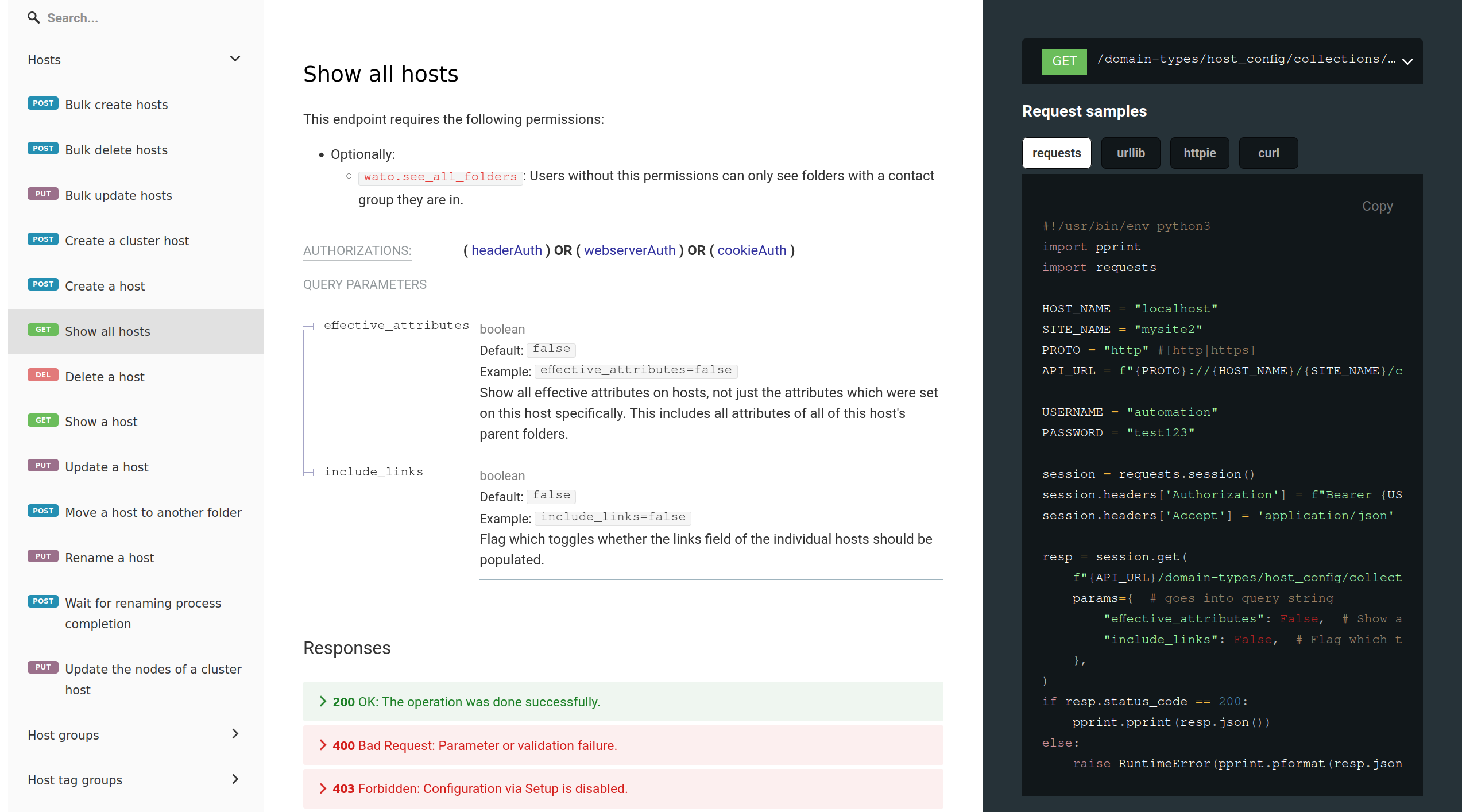 API documentation in a responsive web design with three sections.