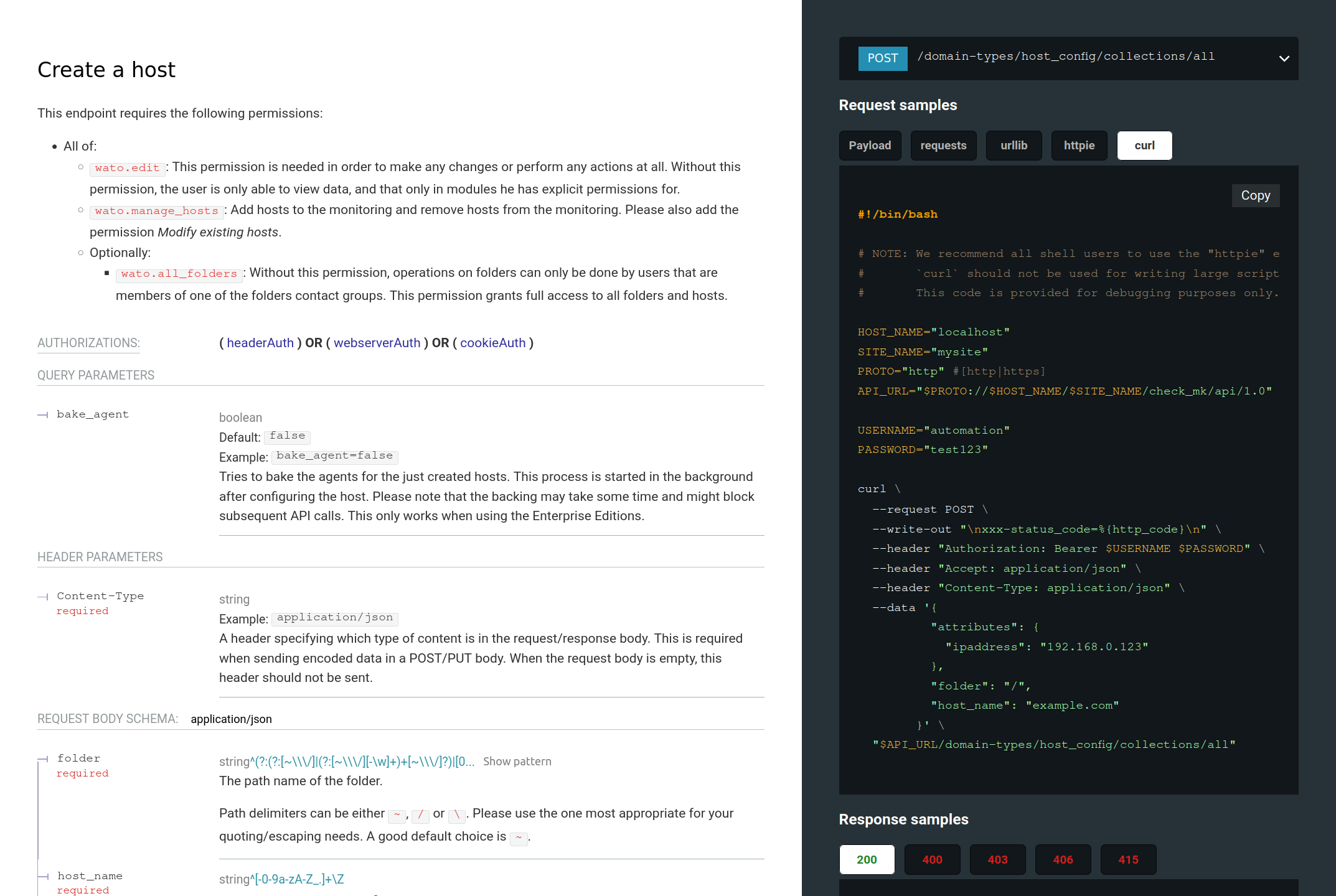 The entry in the API documentation for creating a host.