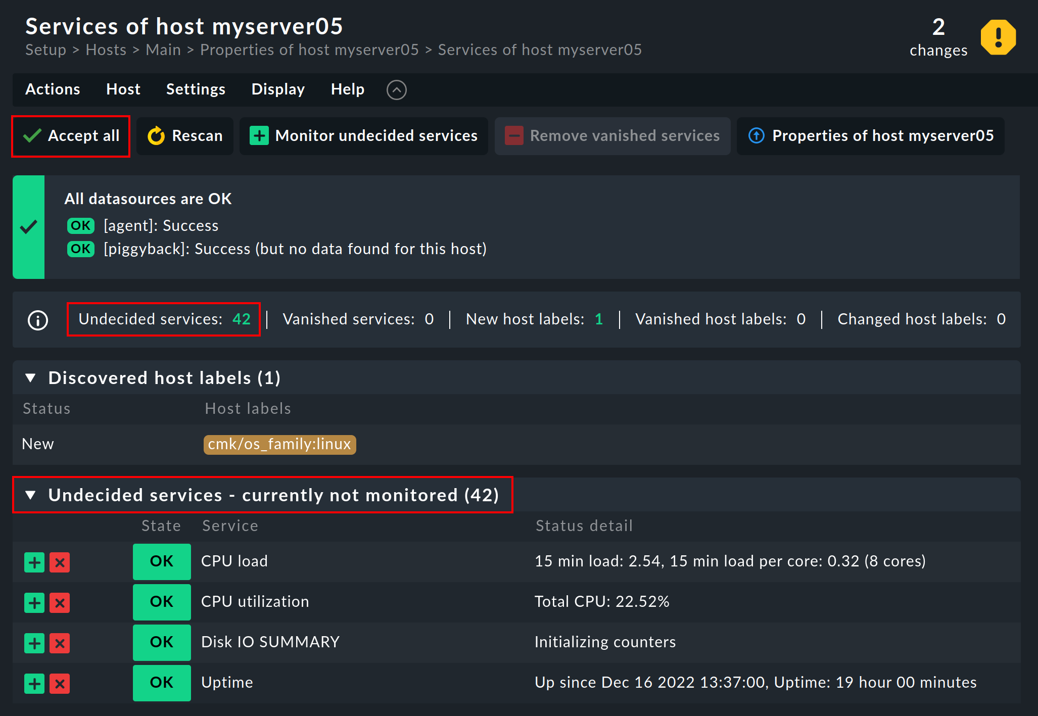 View of all services of a host after the initial service discovery.