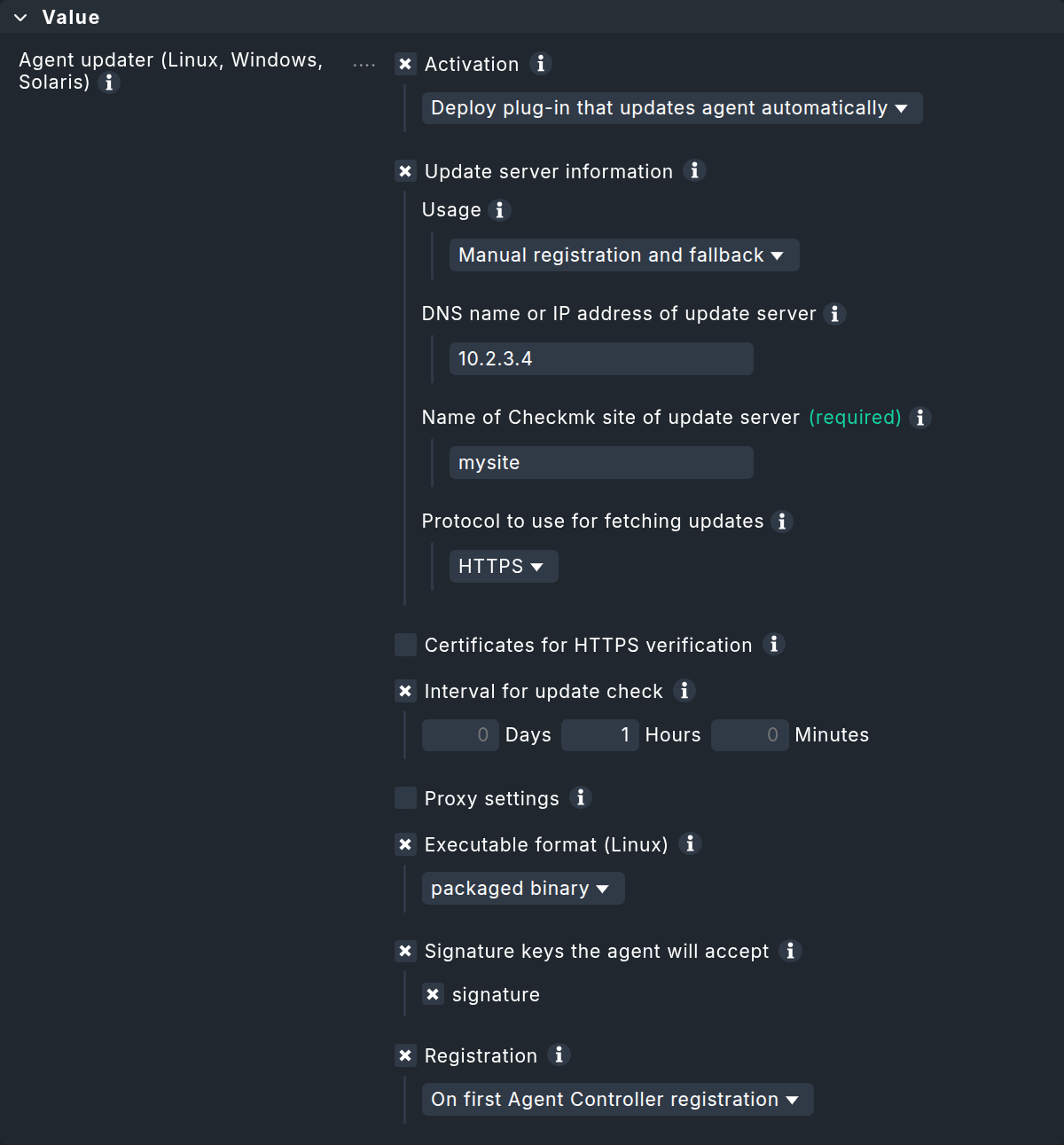 The completed rule for configuring the agent updater plug-in.