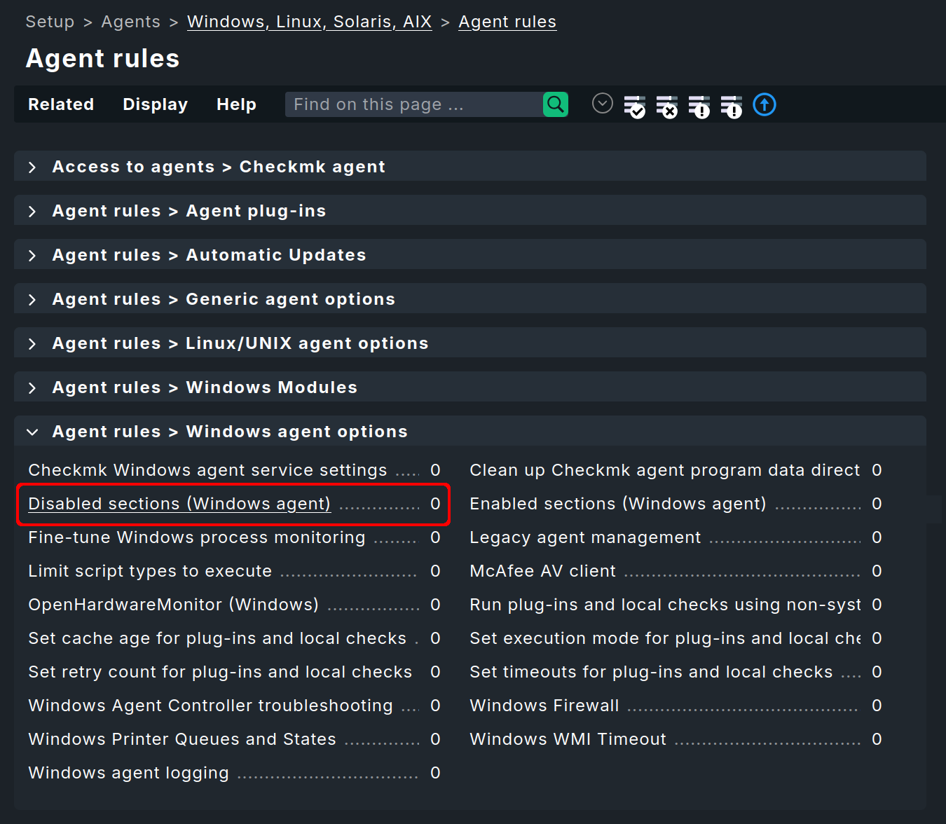 List of agent rules for the windows agent.