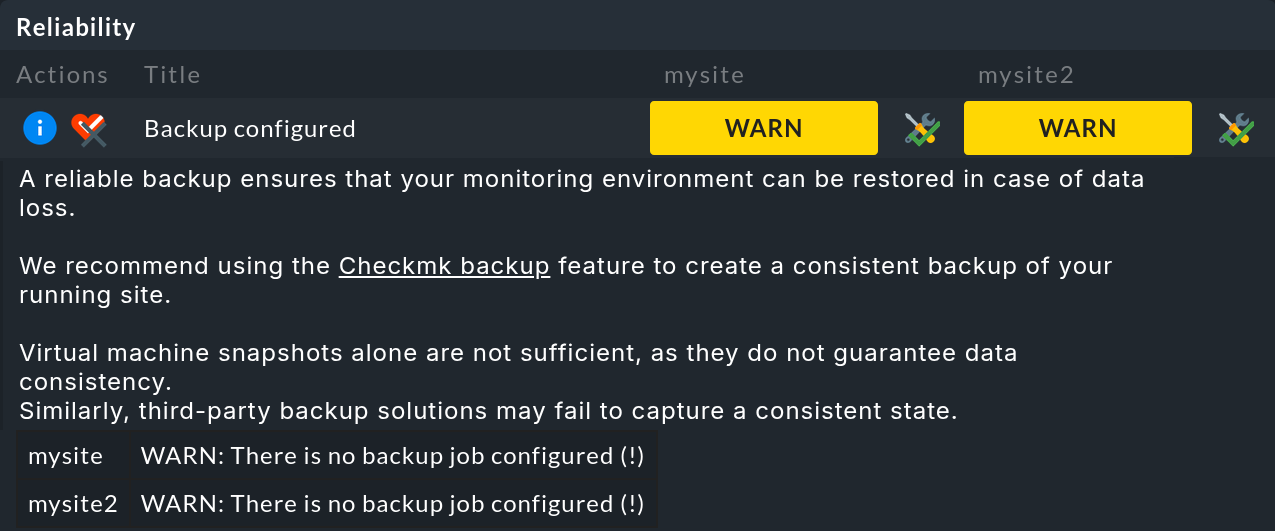 Detailed view of 'Backup configured'.