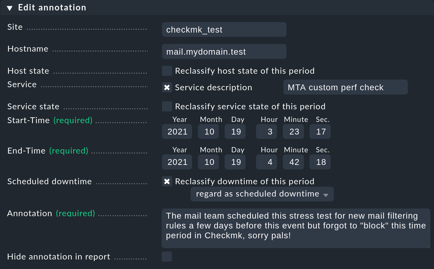 The 'Reclassify downtime of this period' option in the annotation properties.