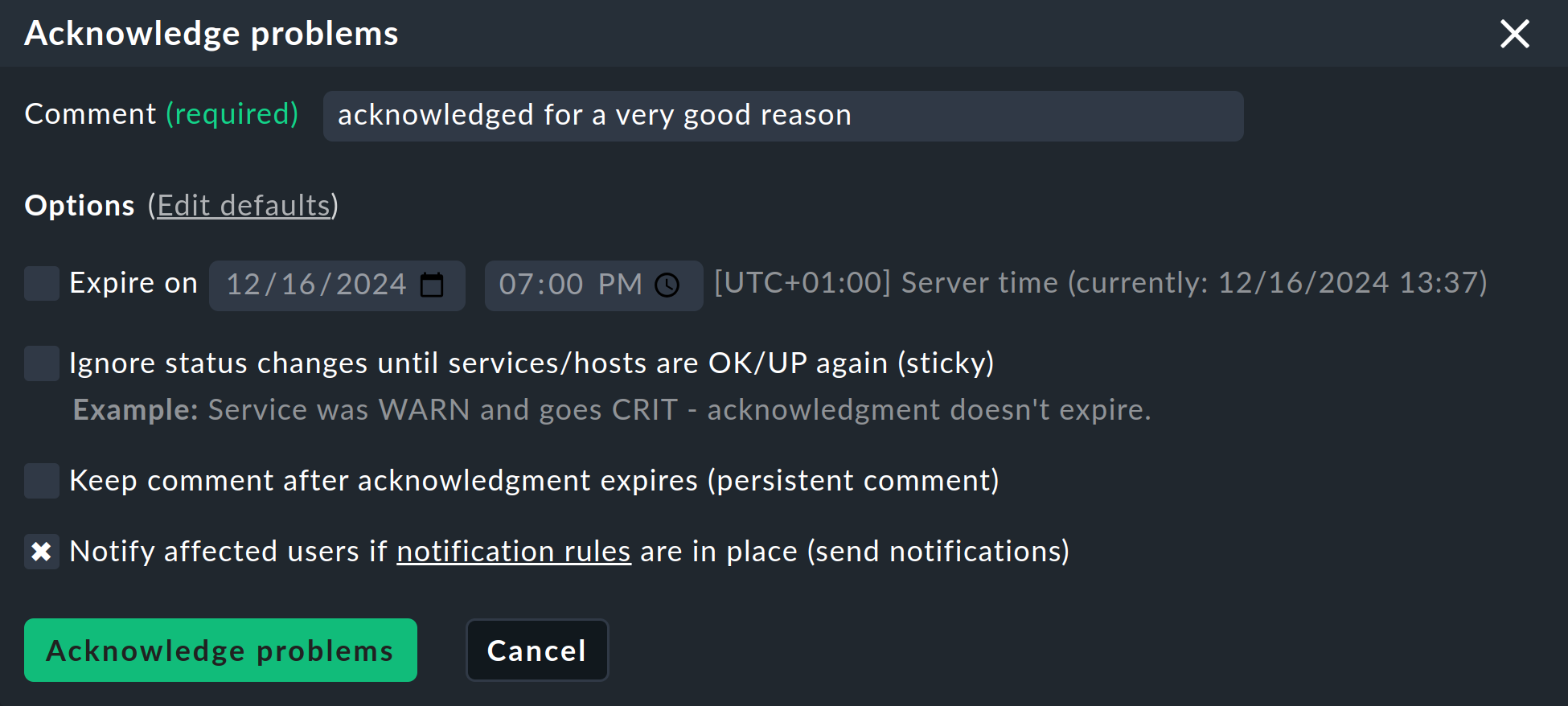 Confirmation dialog before executing an acknowledgment.
