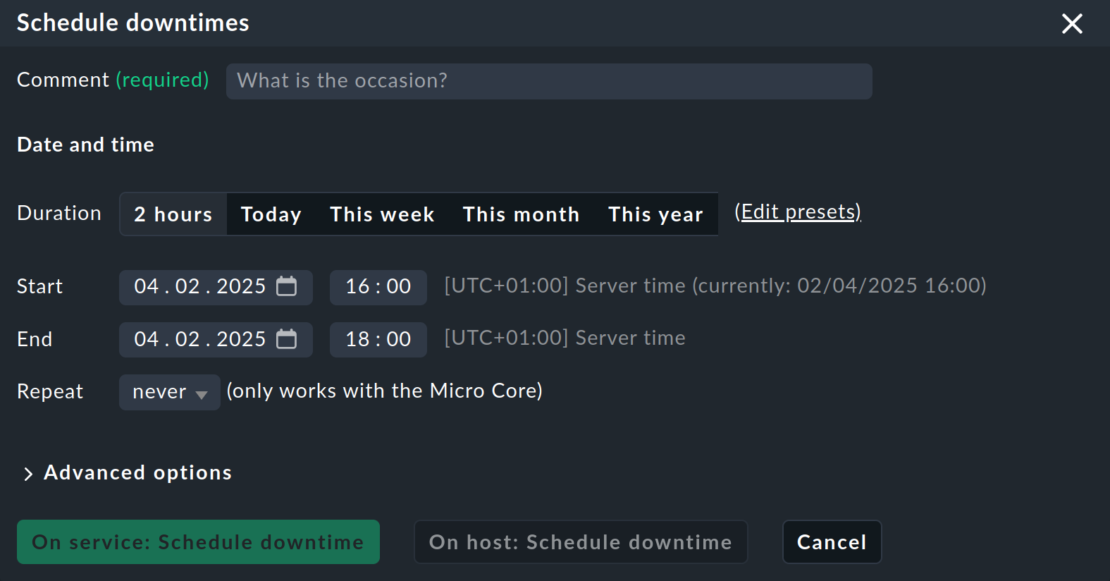 Dialog for defining a scheduled downtime.