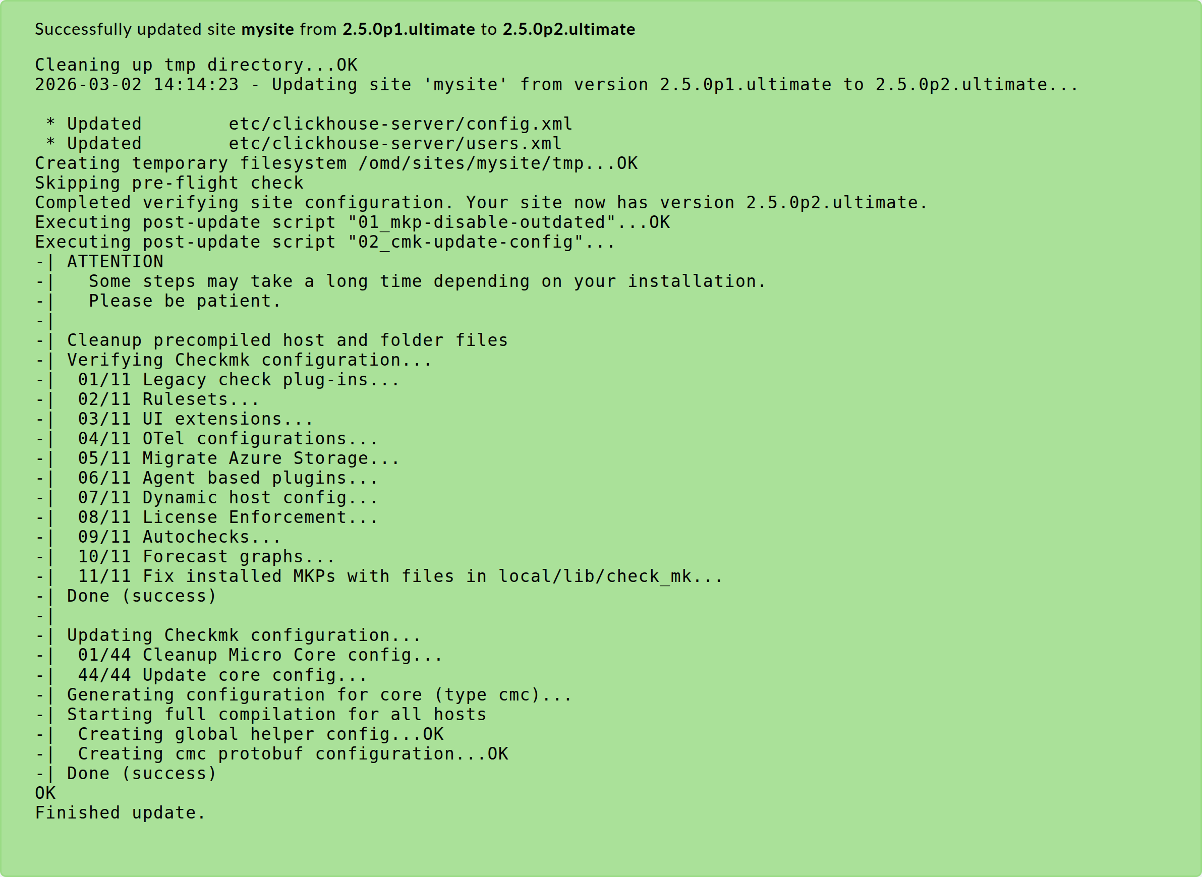 Message history during a Checkmk update.