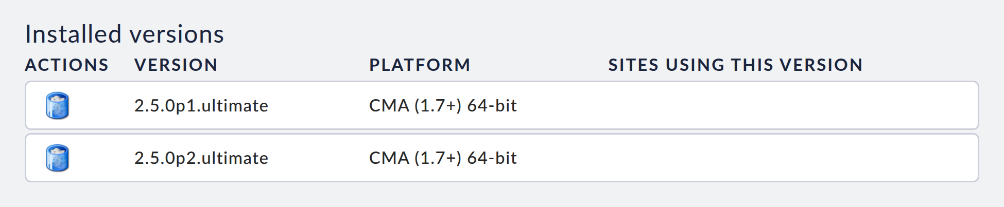 Detailed view of the installed Checkmk versions.
