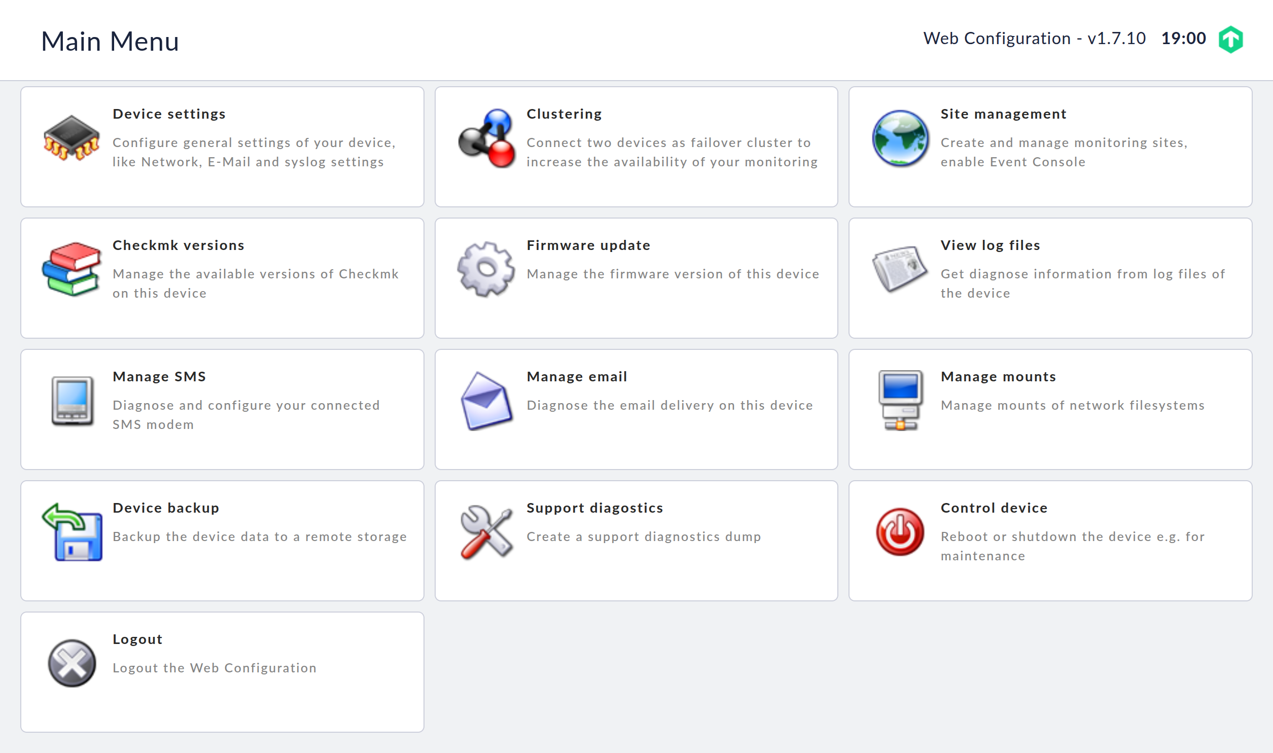 Main menu on the web interface.