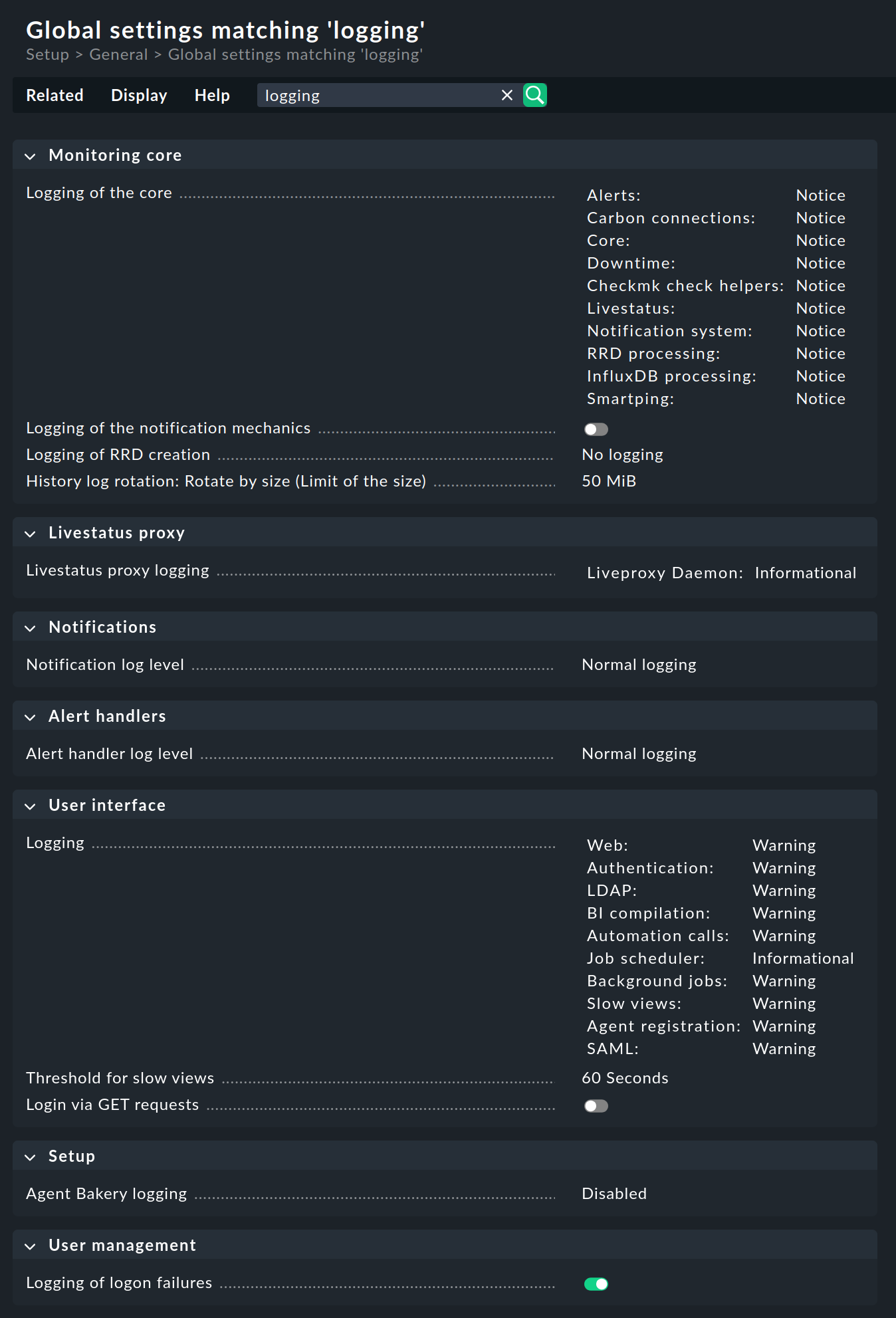 List of global settings for logging.