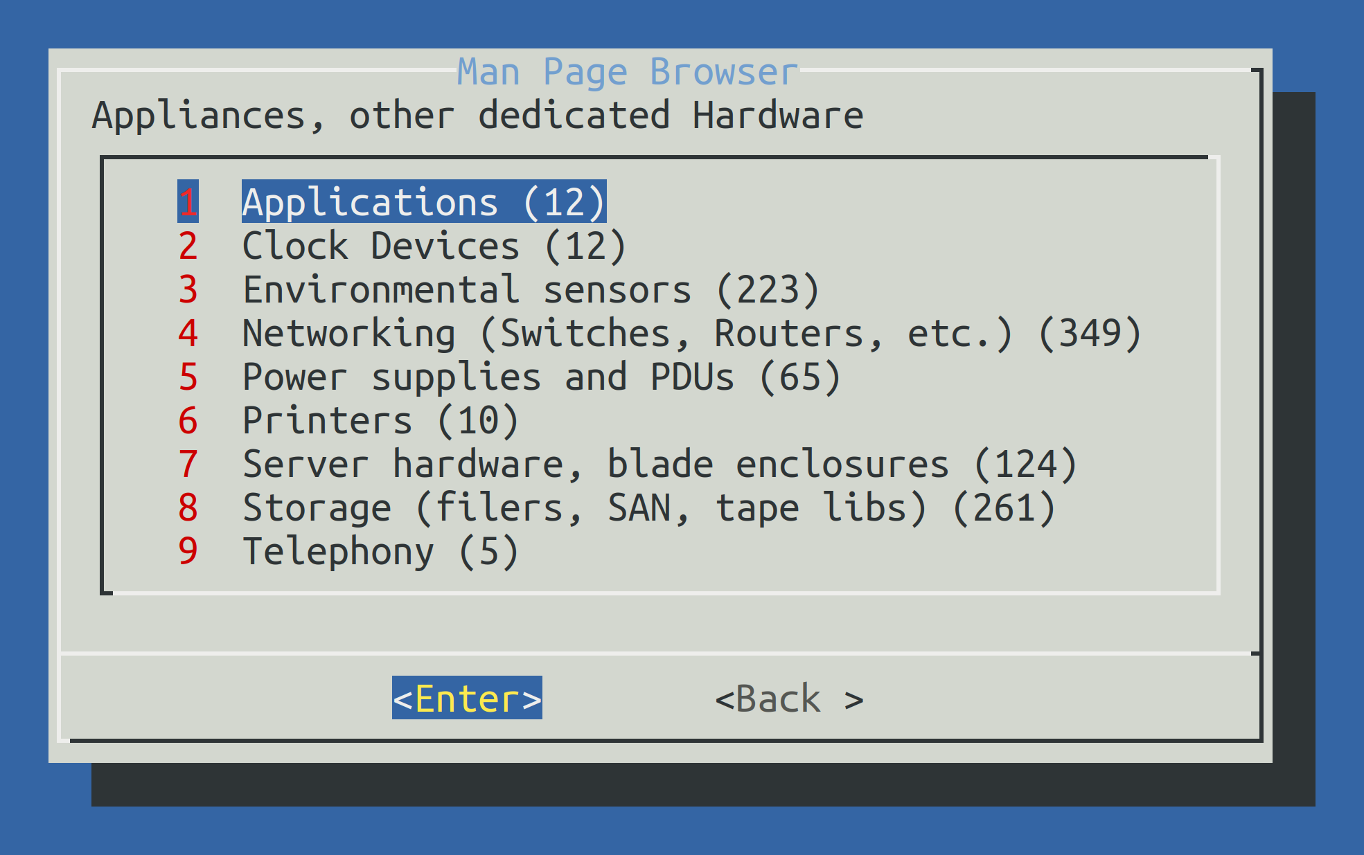 Submenu for selecting a manual page.