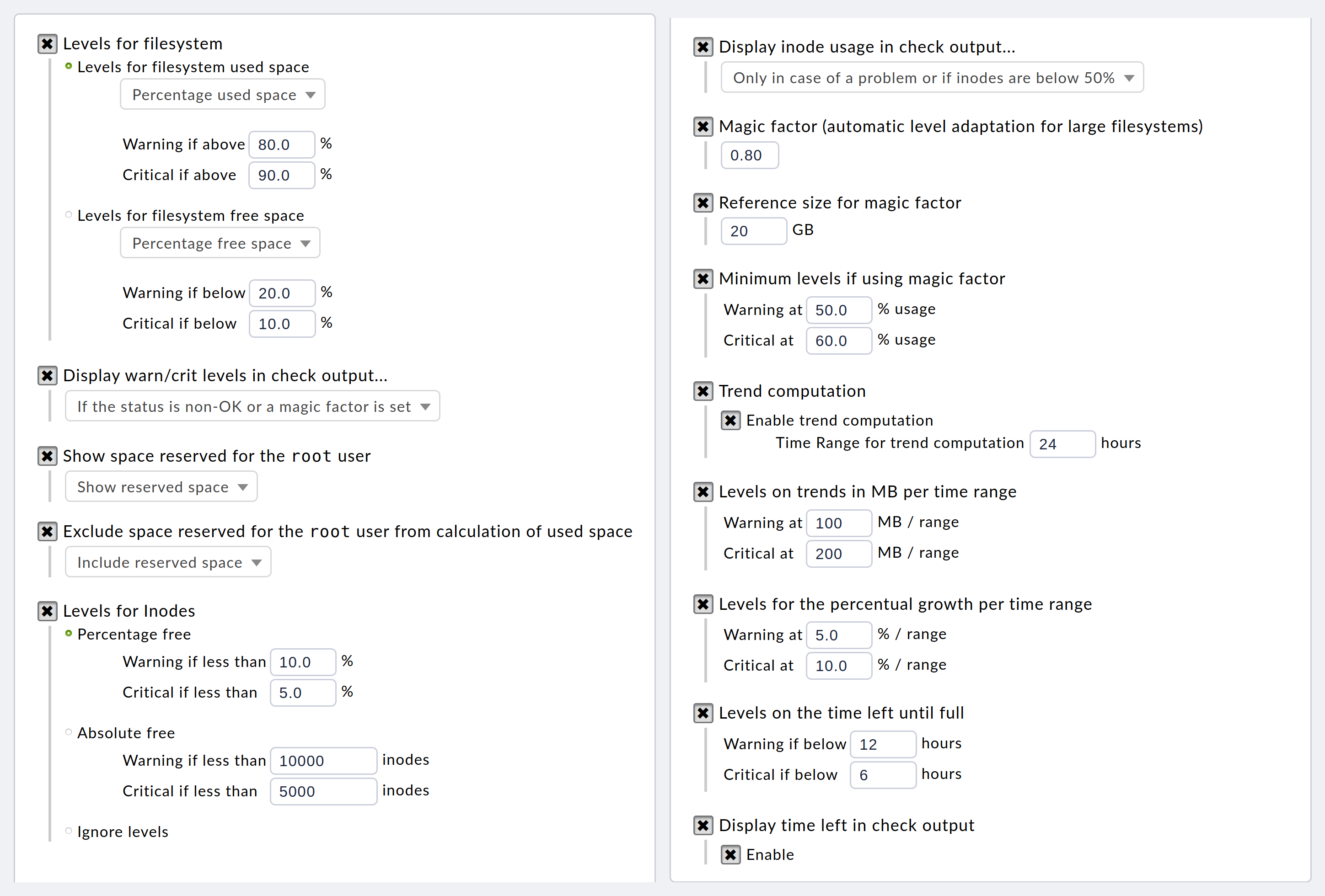 “Complete parameter set of the check plug-in for monitoring file systems.”