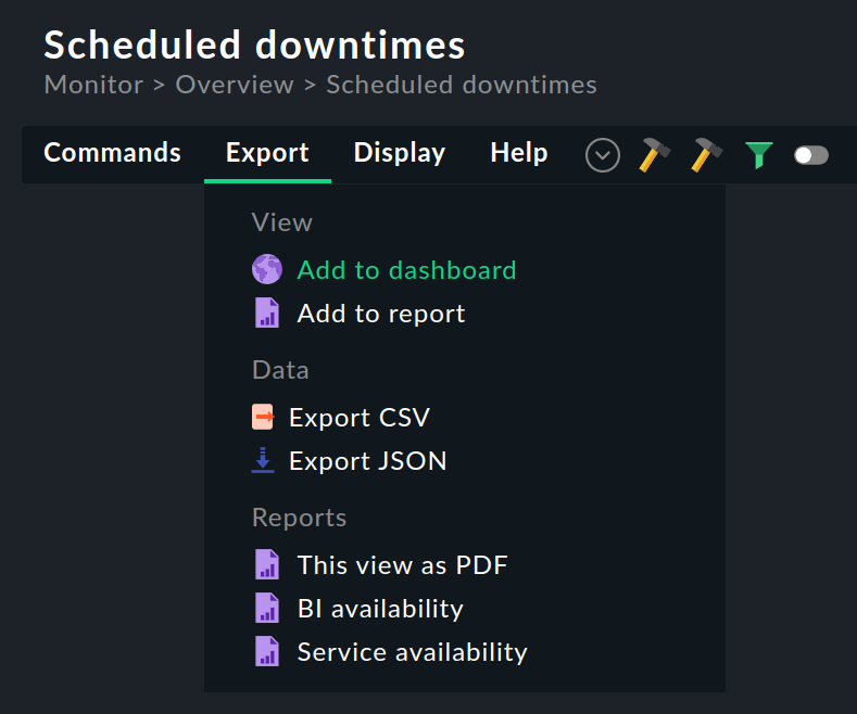 The 'Export' menu of the 'Scheduled downtimes' view.