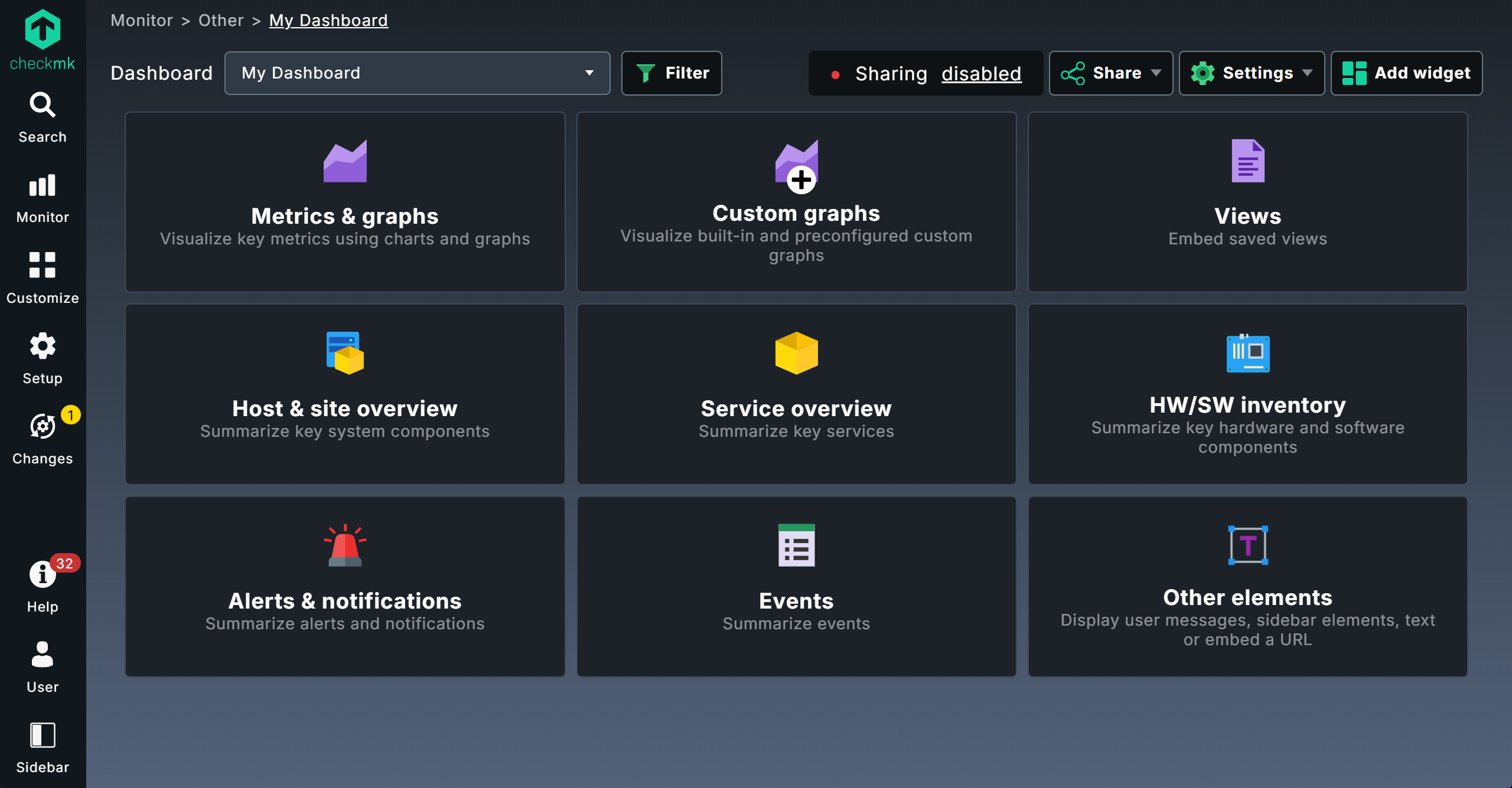 Empty dashboard with quick access tiles.