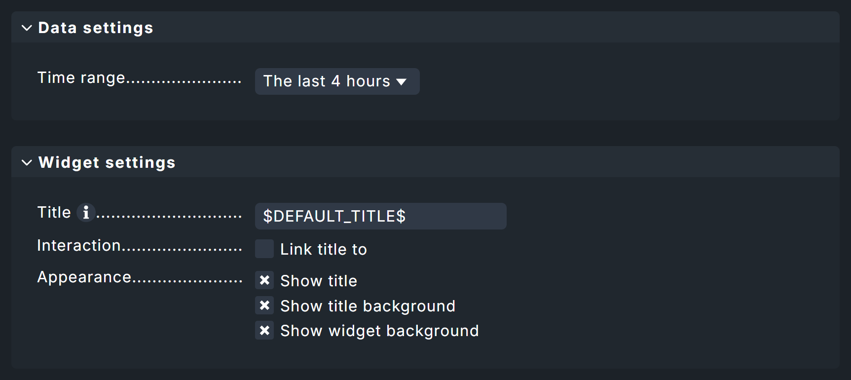 Widget settings for the timeline and display.