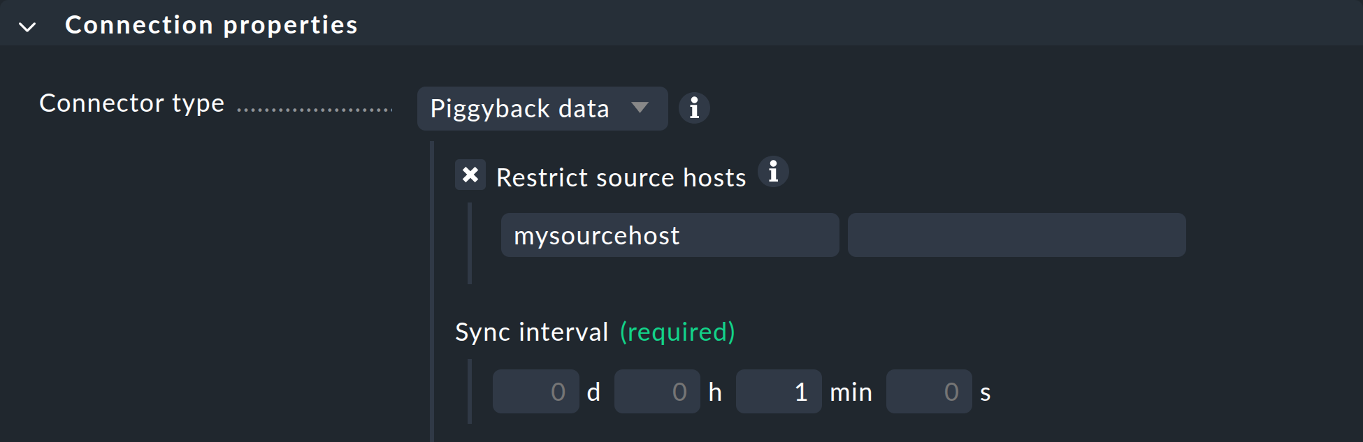 “First part of the properties of a piggyback connection to the source host and synchronization interval.”