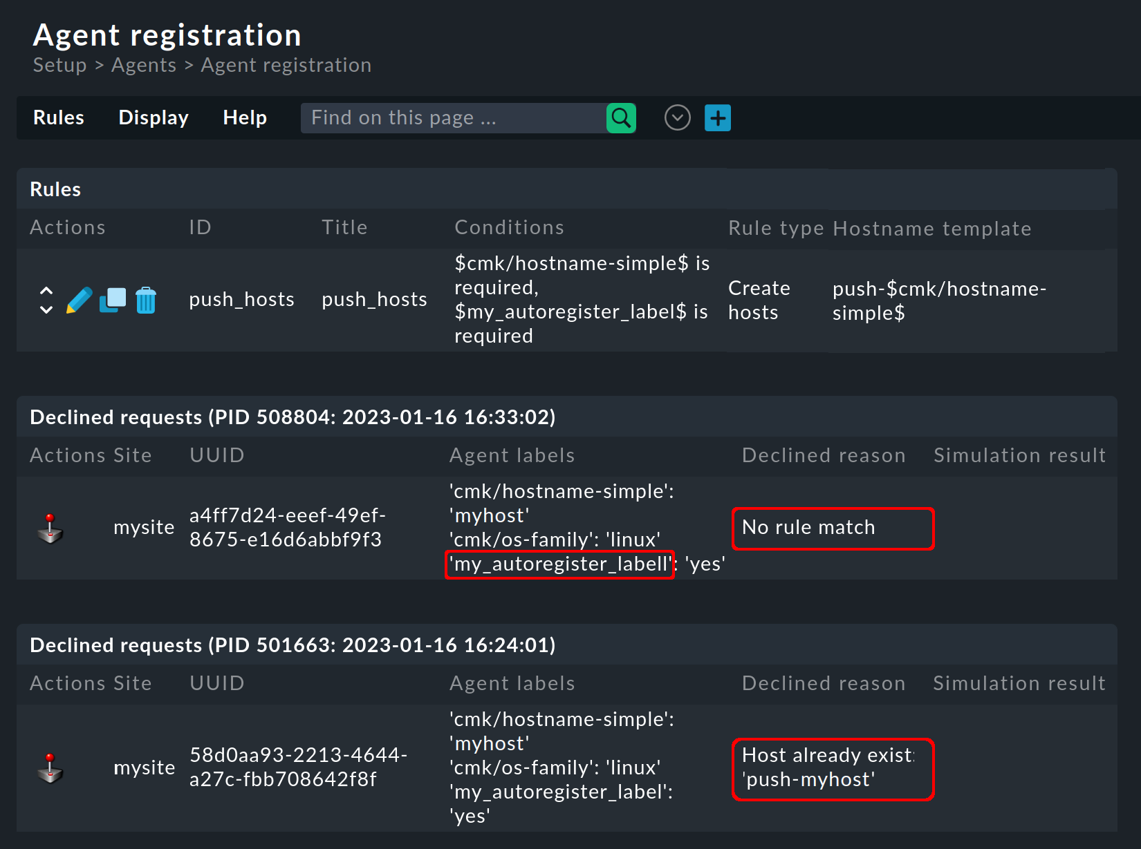 List of rejected auto-registration requests.