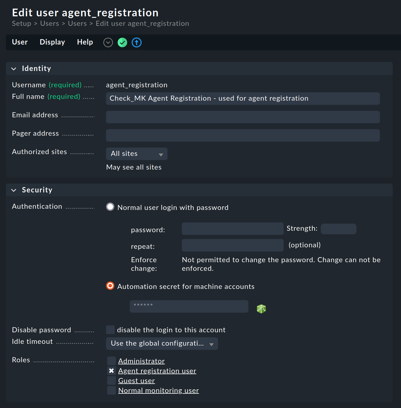 Dialog with the properties of the automation user 'agent_registration'.