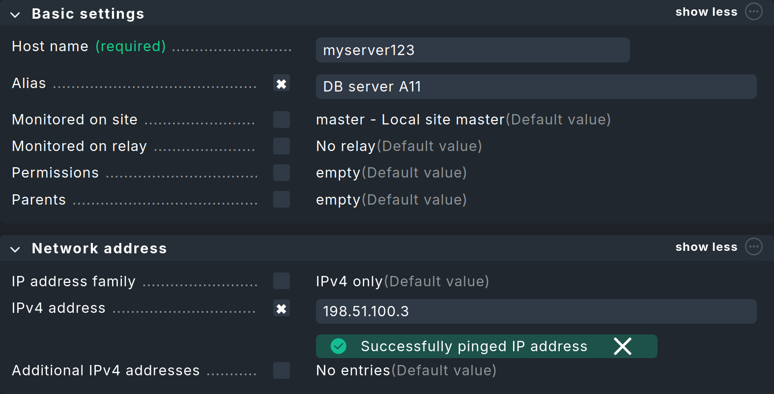 Dialog with properties of a host: alias and IP address.