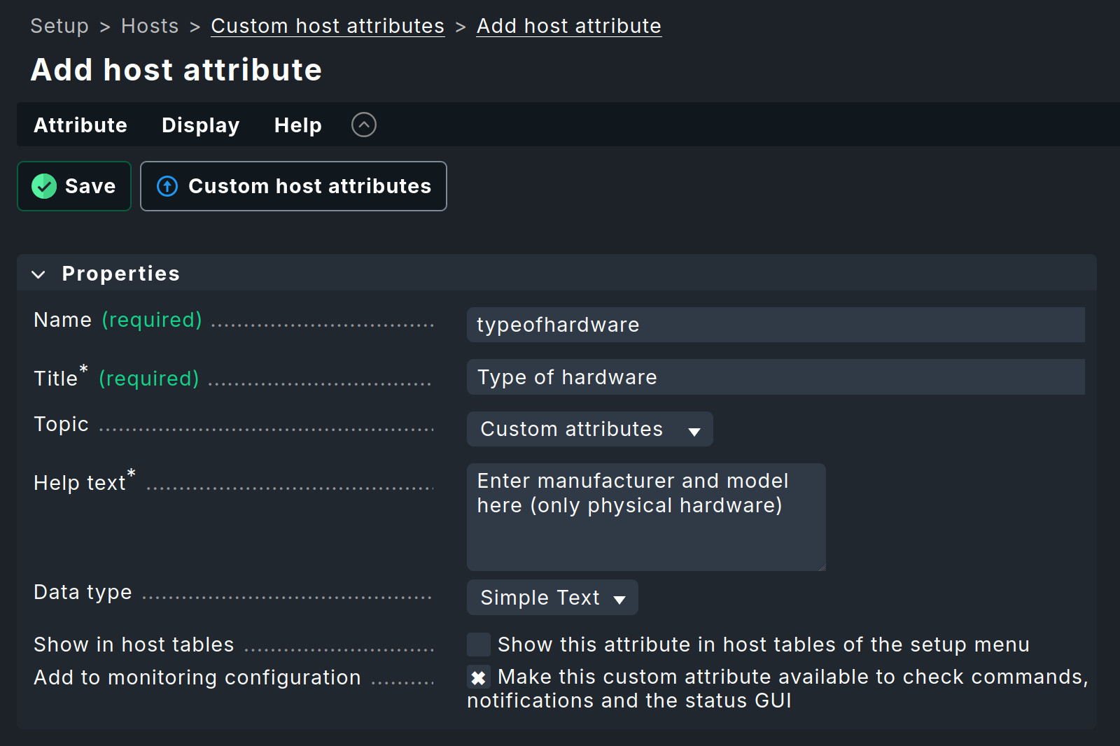 Form for creating a custom attribute.