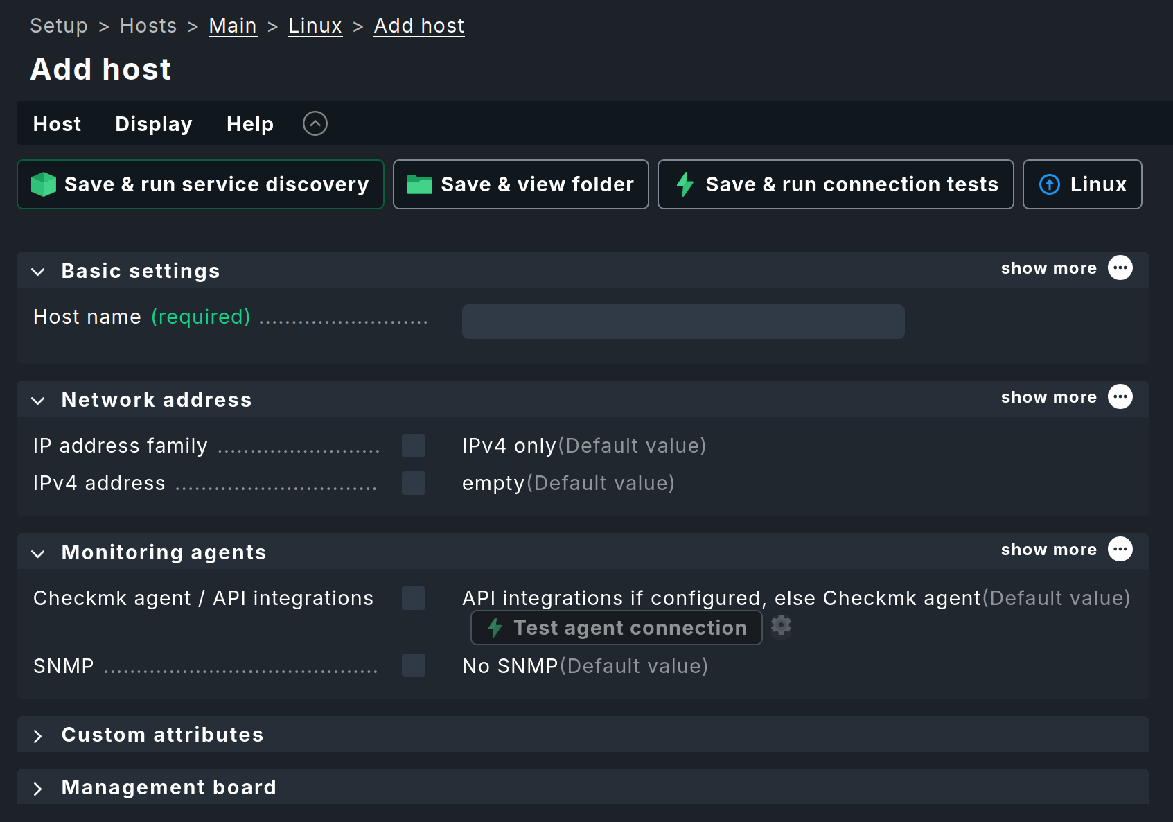 Dialog with properties when creating a host.