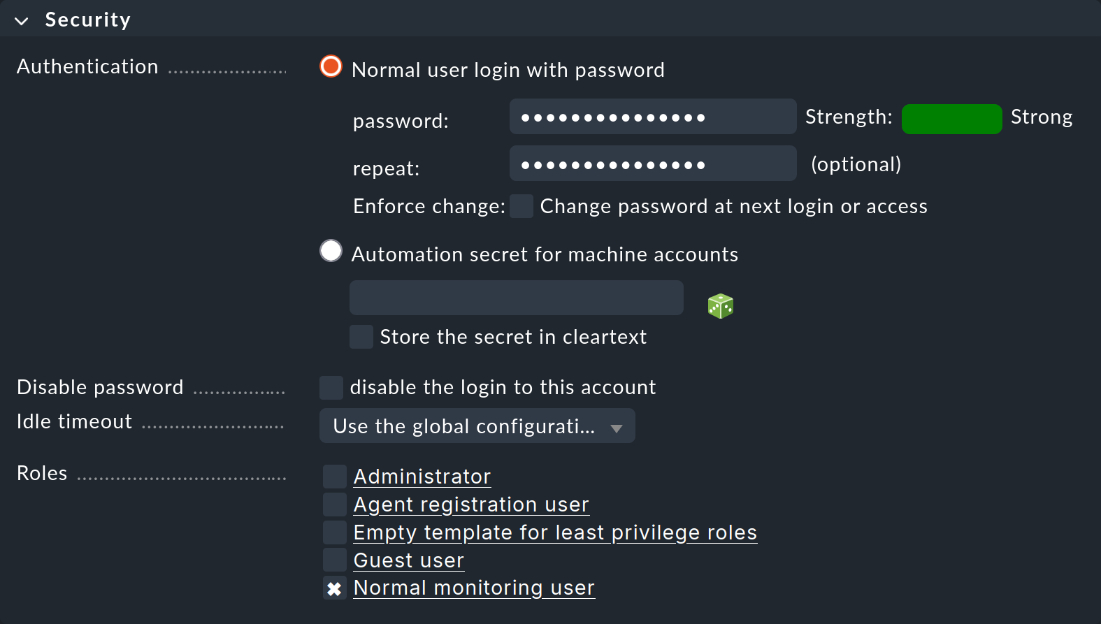 Dialog for defining the security settings for the new user.